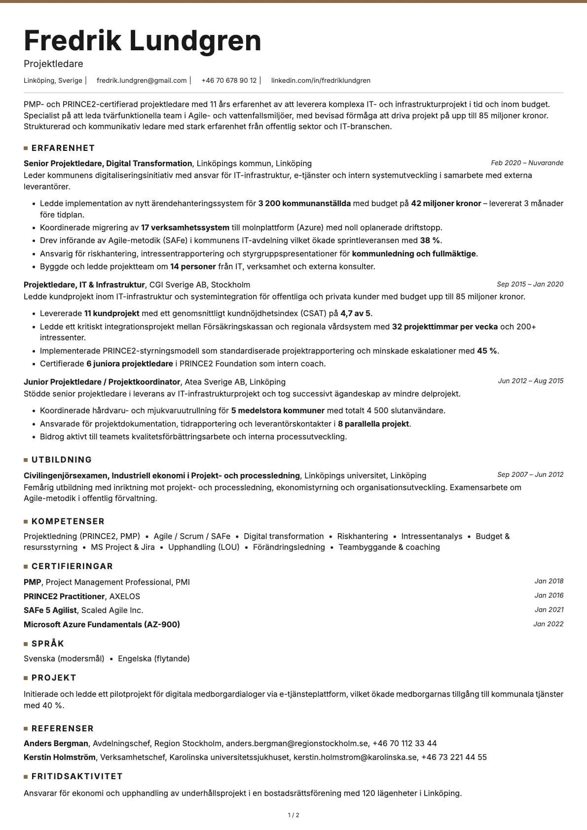Projektledare resume example