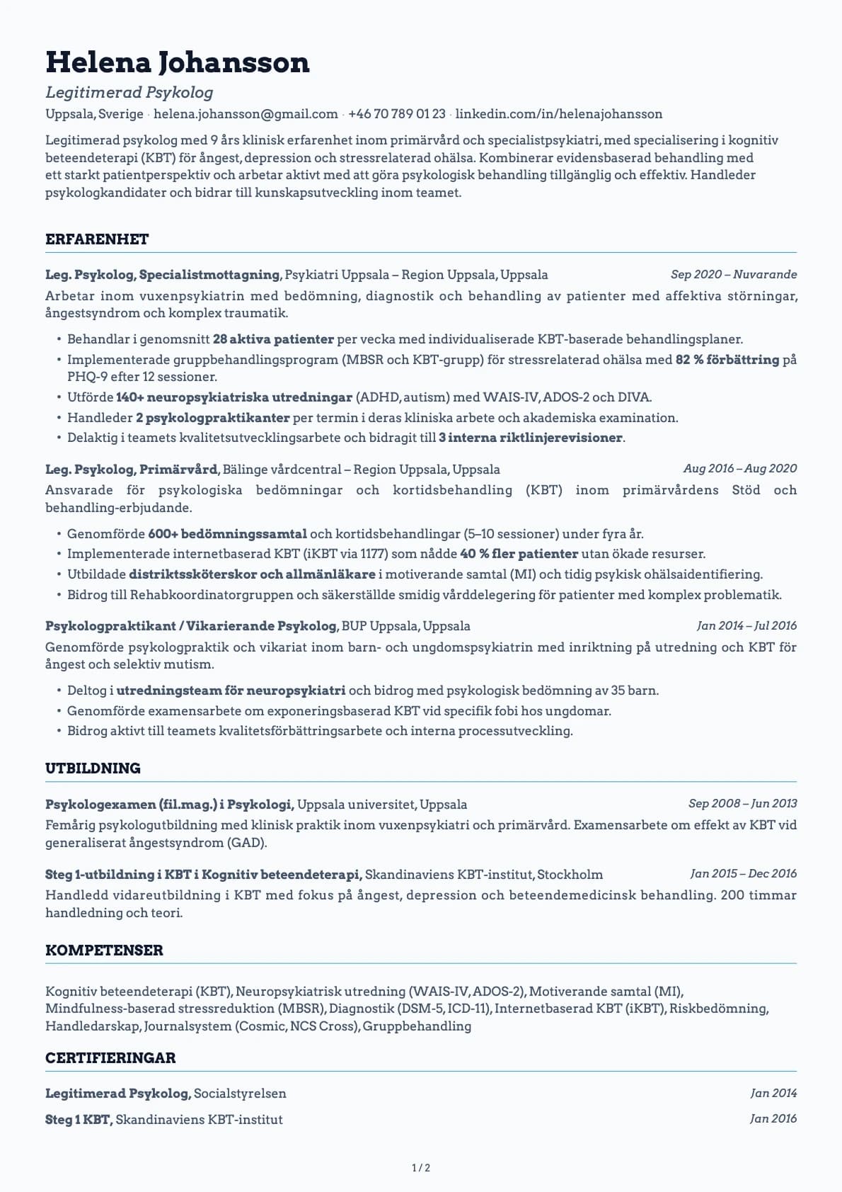 Psykolog resume example