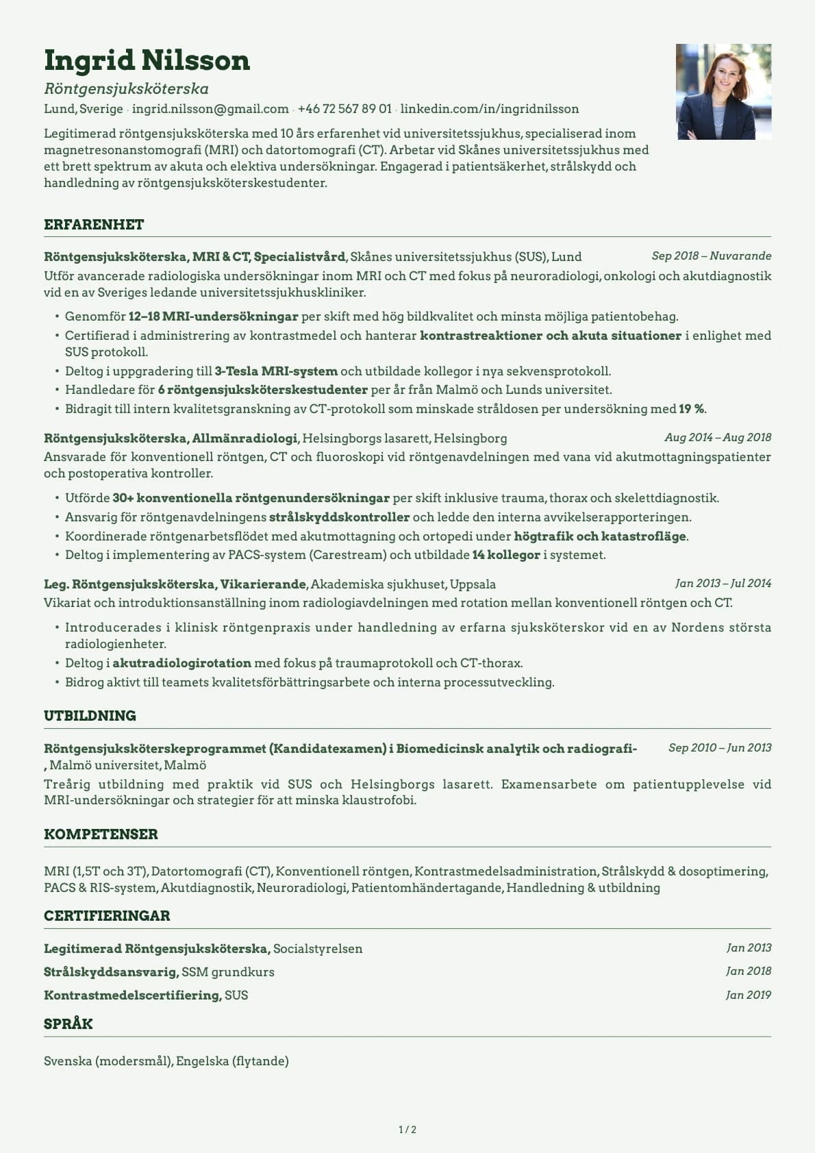 Röntgensjuksköterska resume example