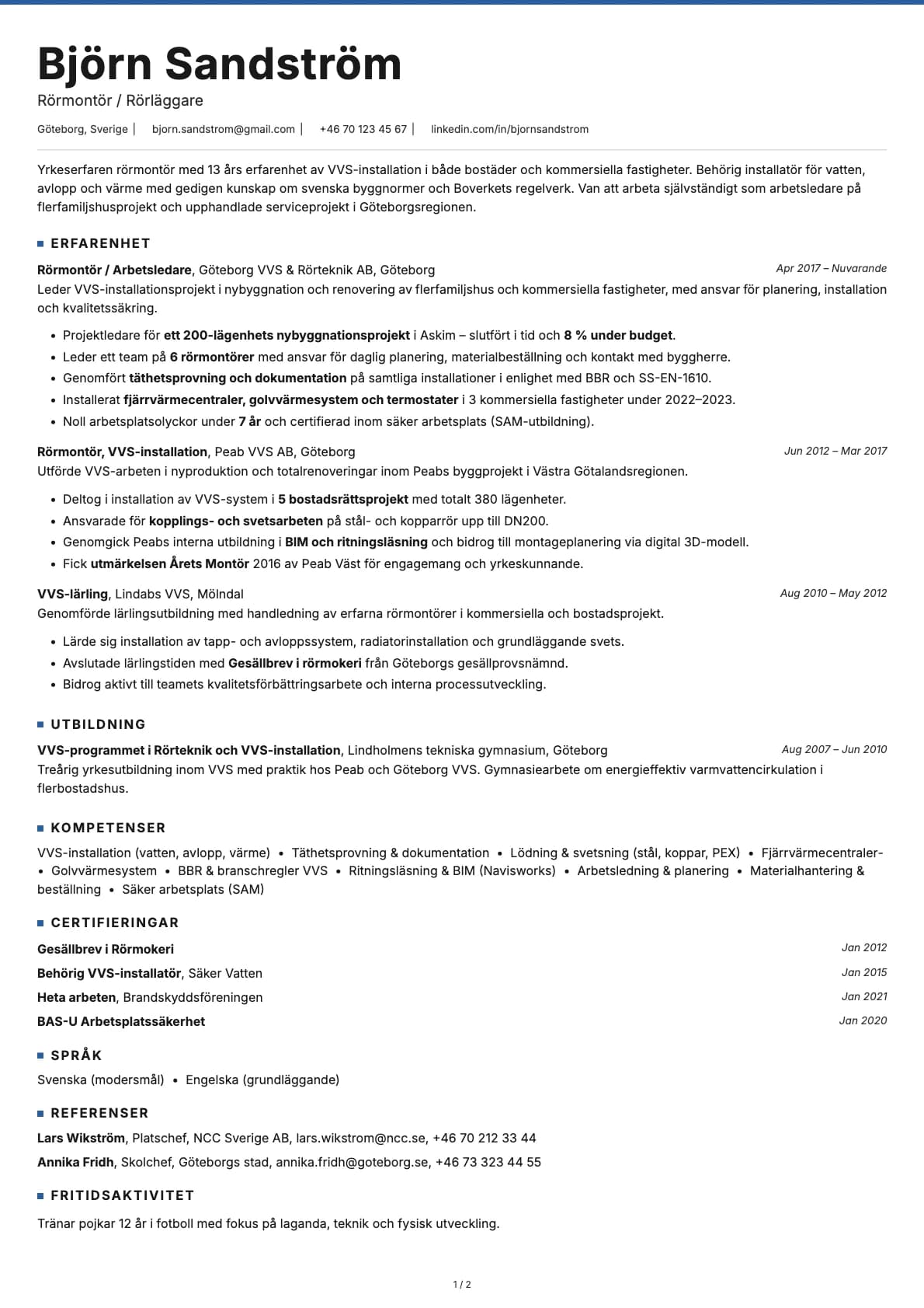 Rörläggare resume example