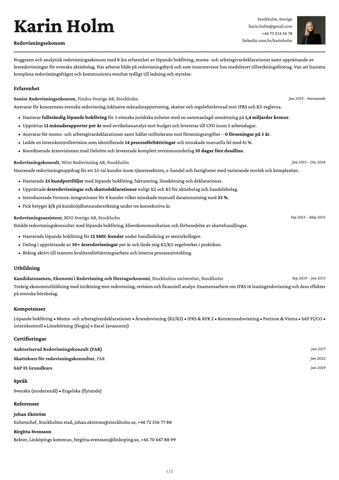 Redovisningsekonom resume example