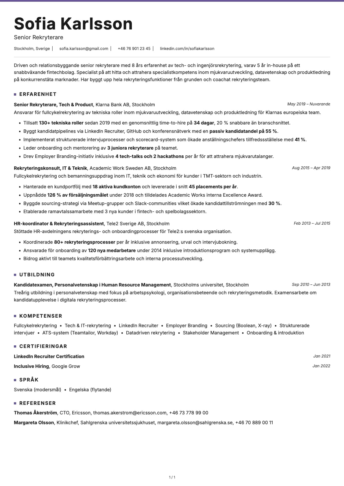 Rekryterare resume example