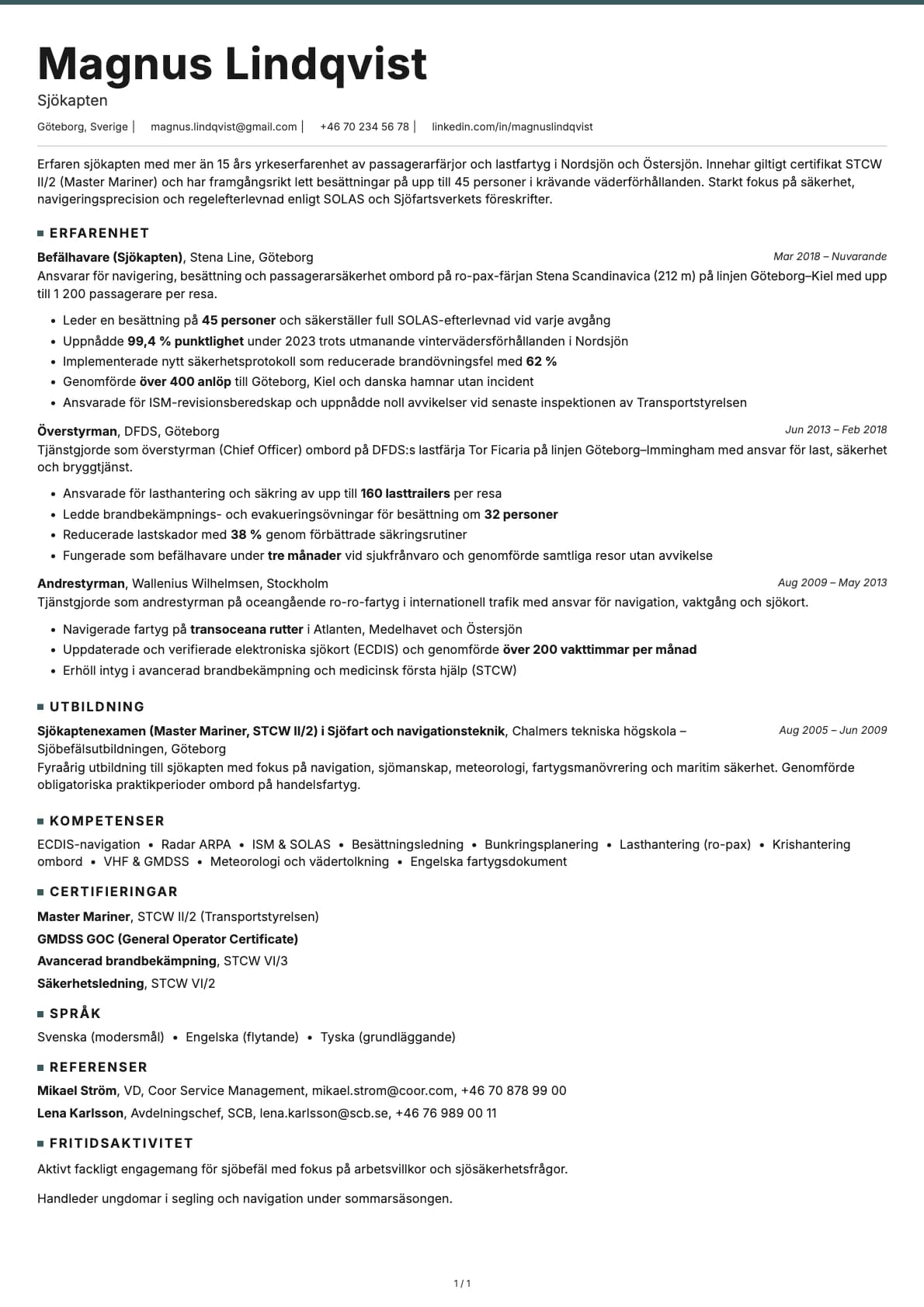 Sjökapten resume example