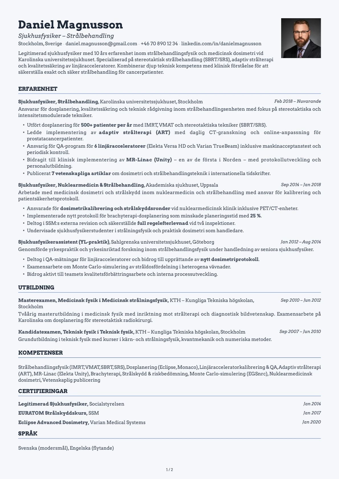Sjukhusfysiker resume example