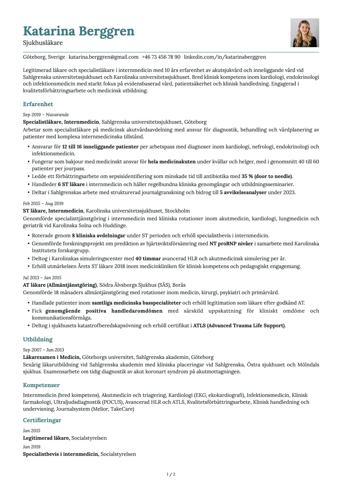 Läkare (specialist) resume example