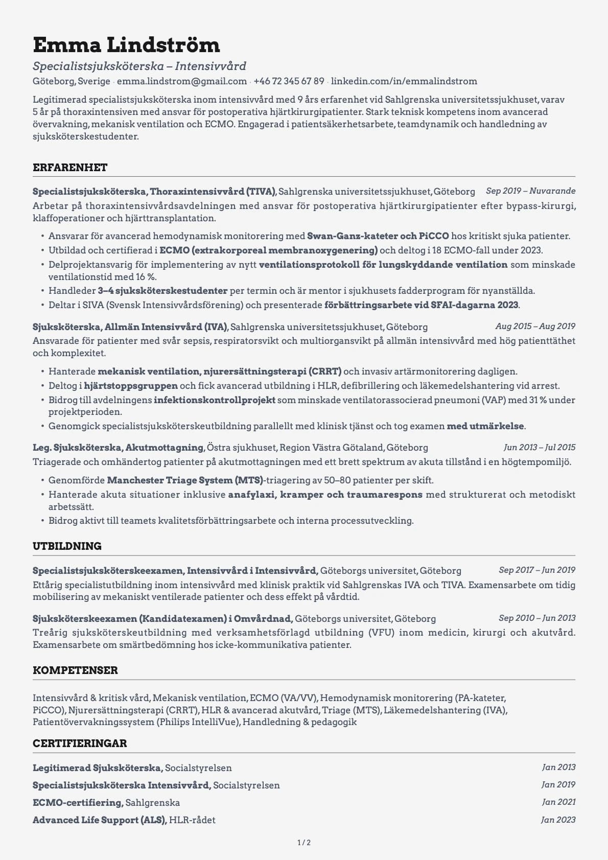 Sjuksköterska resume example