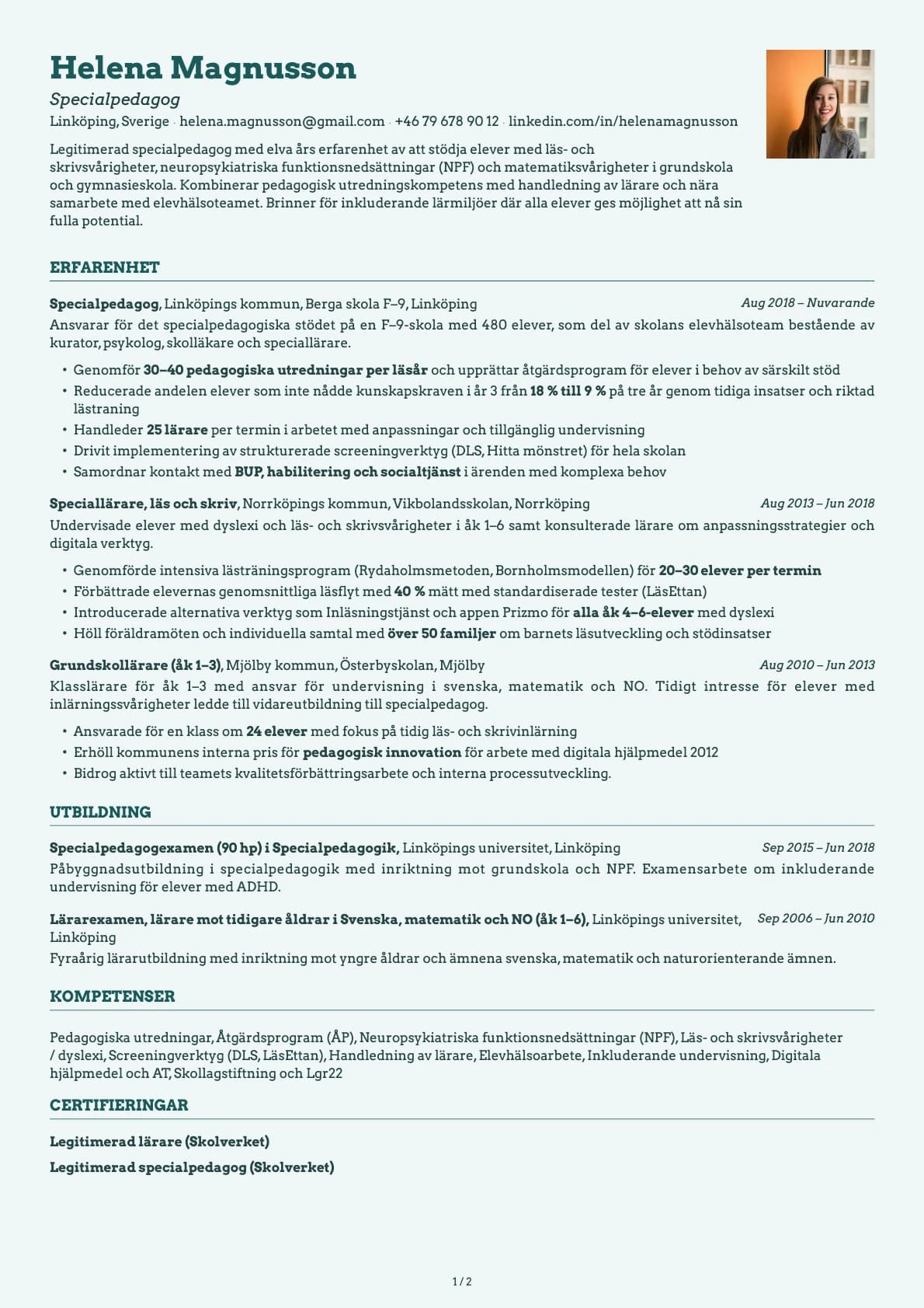 Specialpedagog resume example