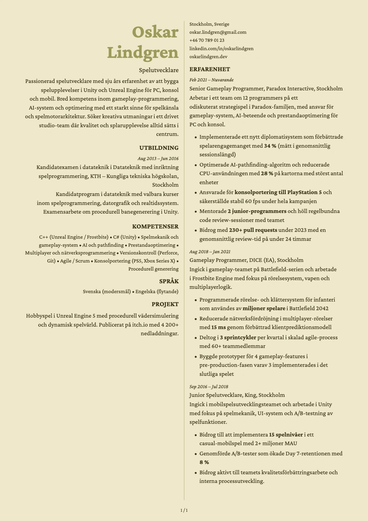 Spelutvecklare resume example