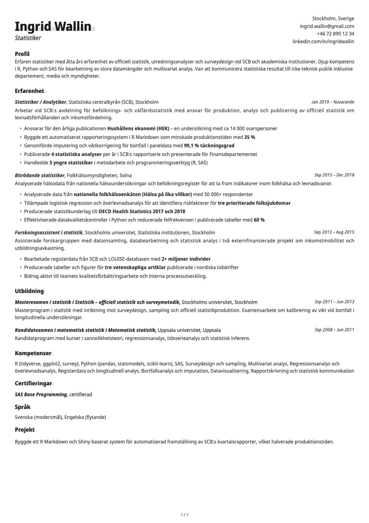 Statistiker resume example