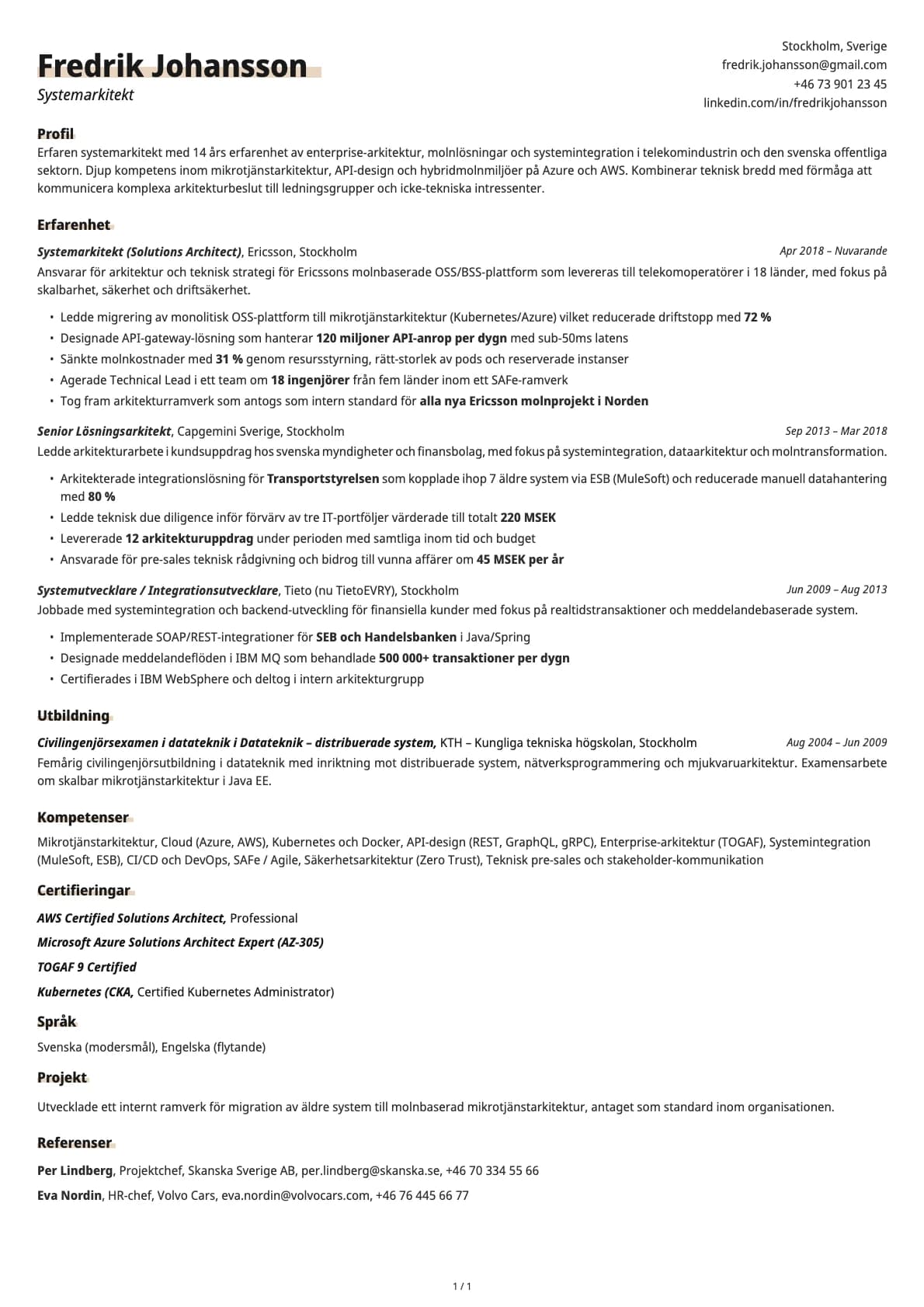 Systemarkitekt resume example