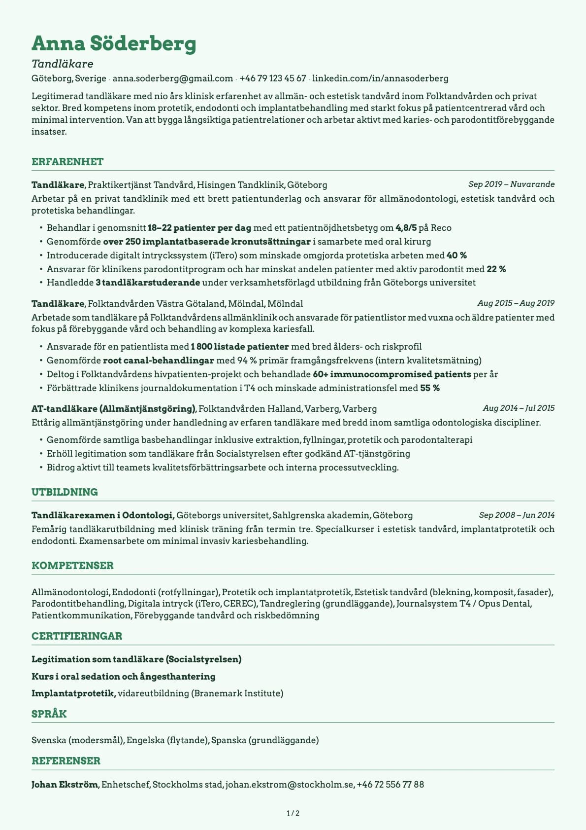 Tandläkare resume example