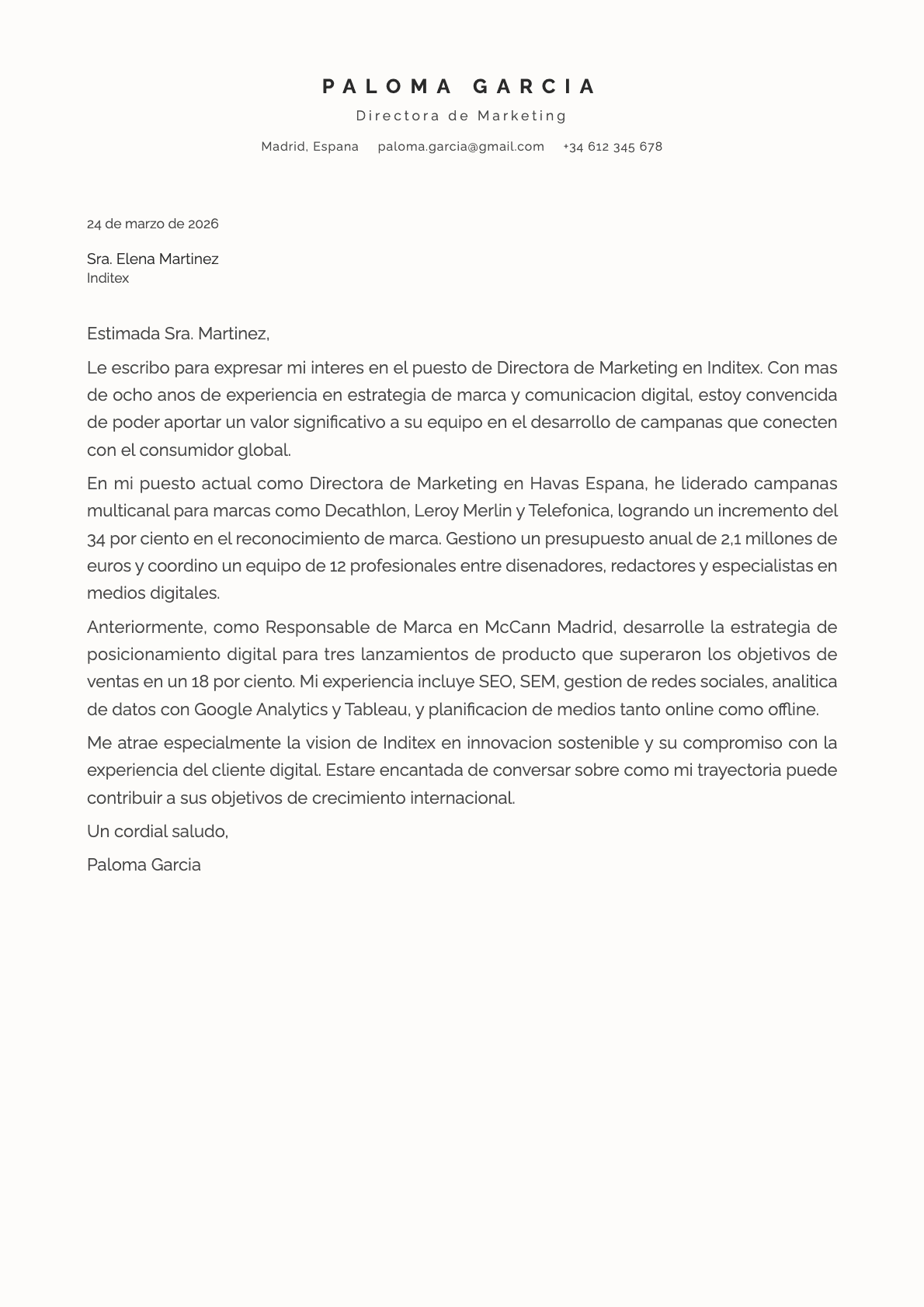 Ivory cover letter template preview