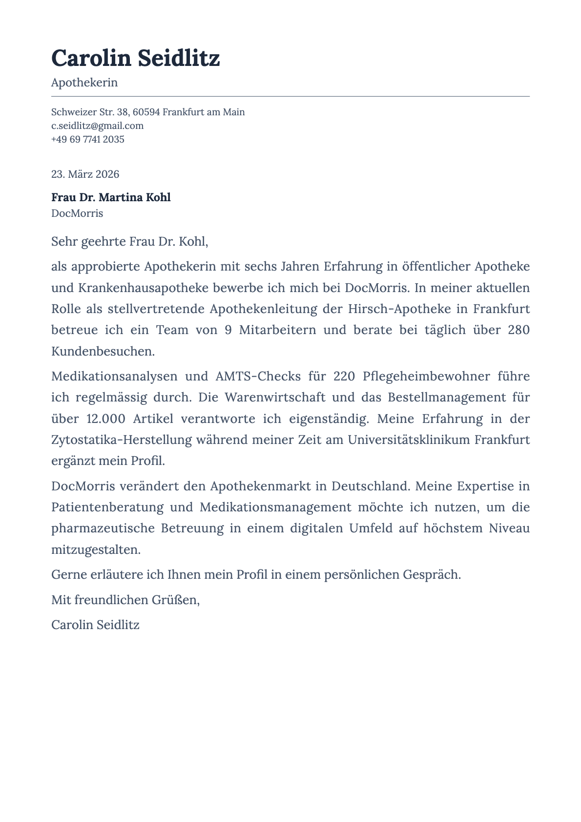 Apotheker cover letter example