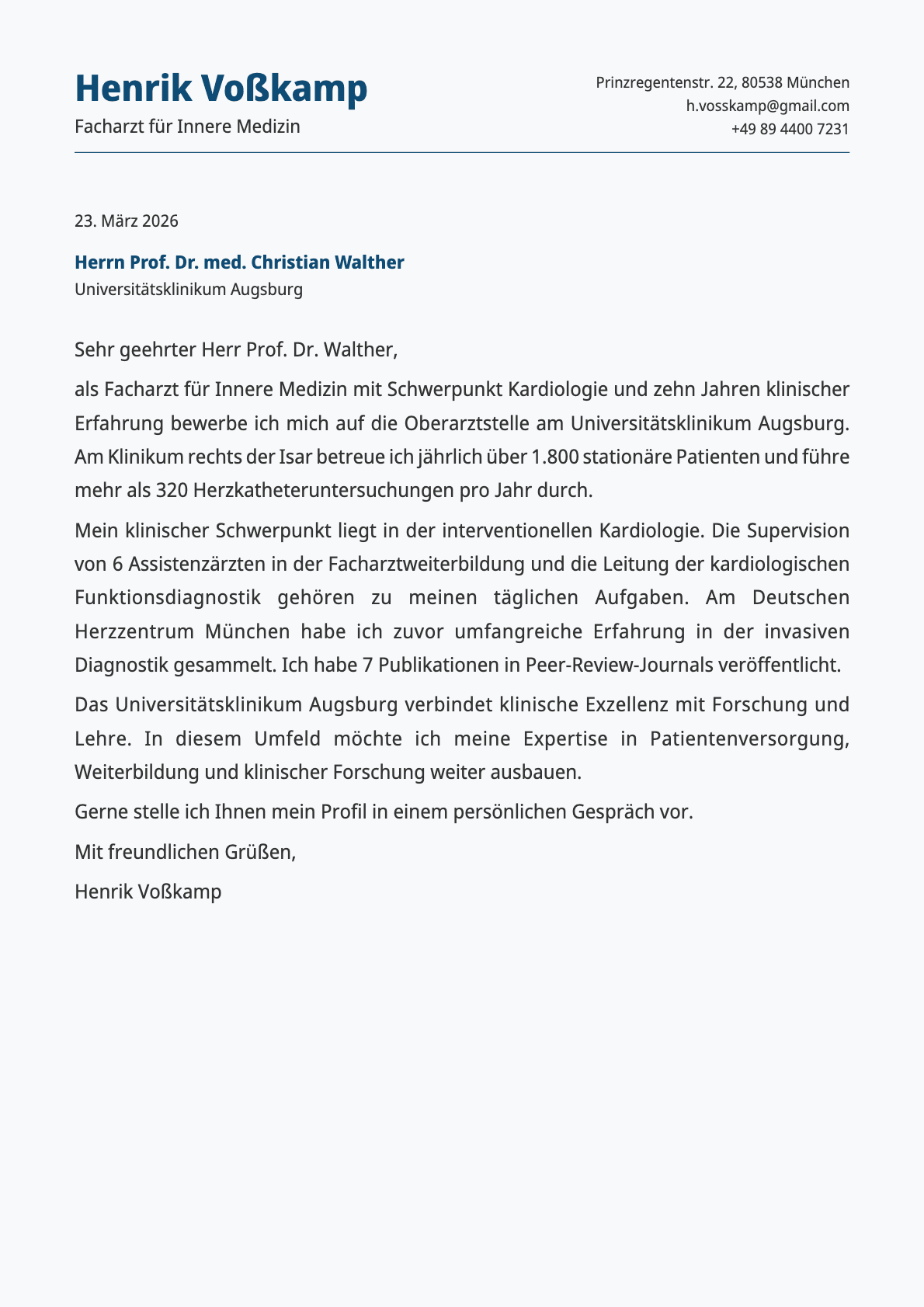 Arzt / Facharzt cover letter example