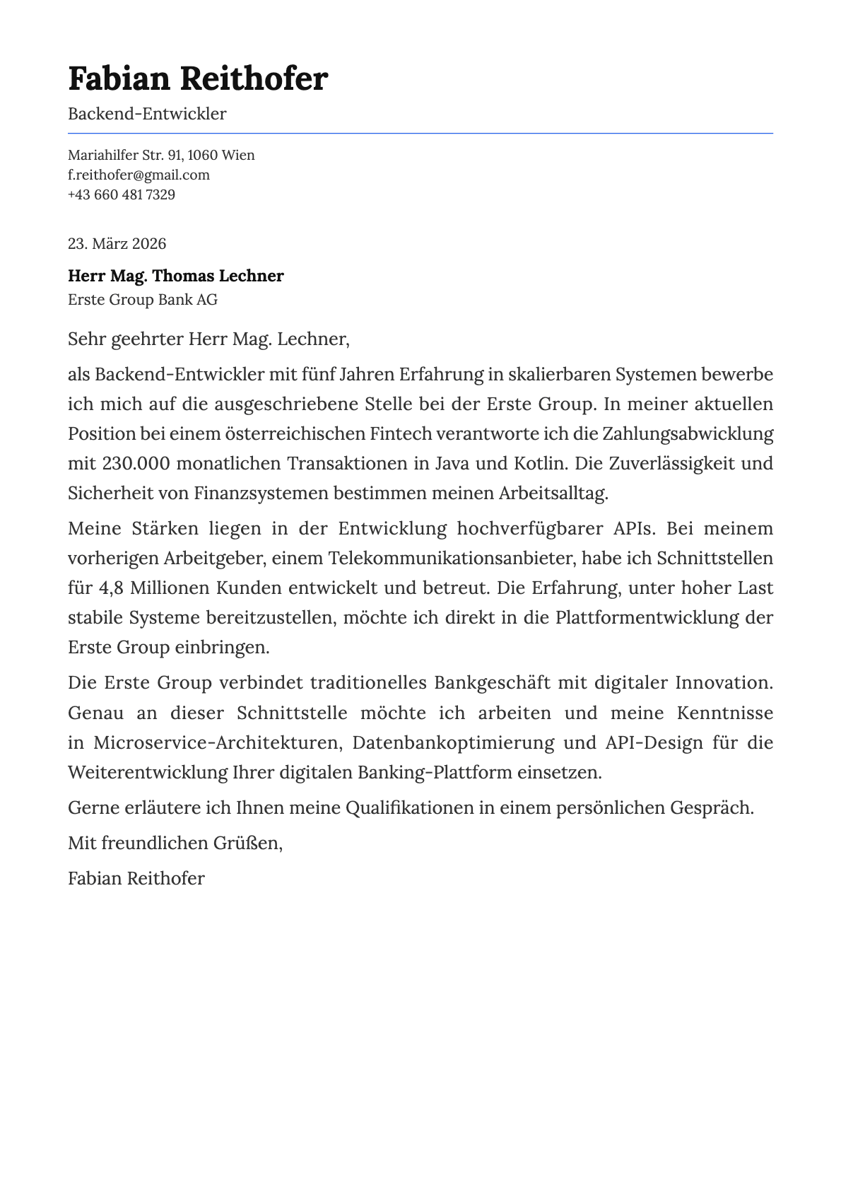 Backend-Entwickler cover letter example
