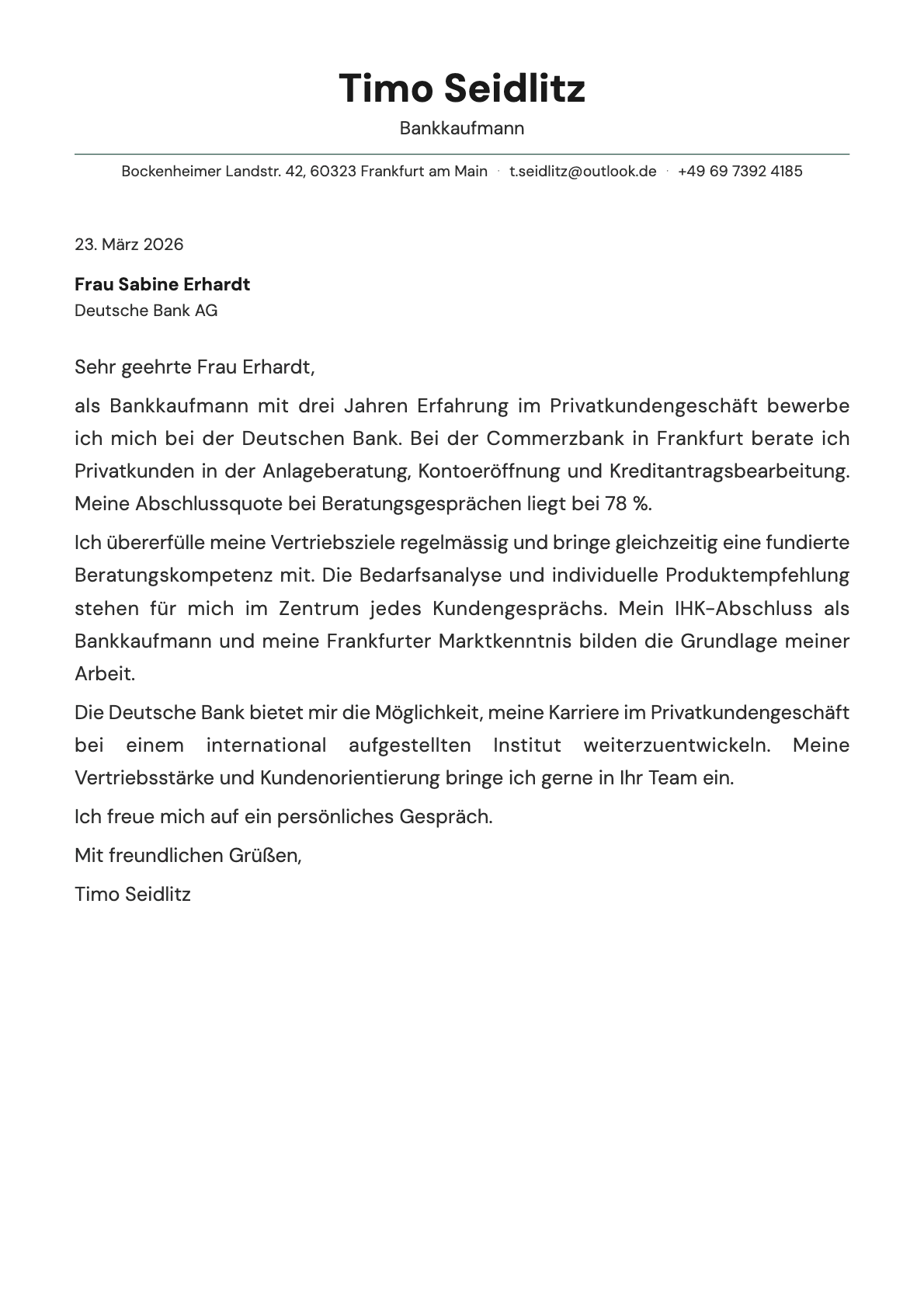 Bankkaufmann cover letter example