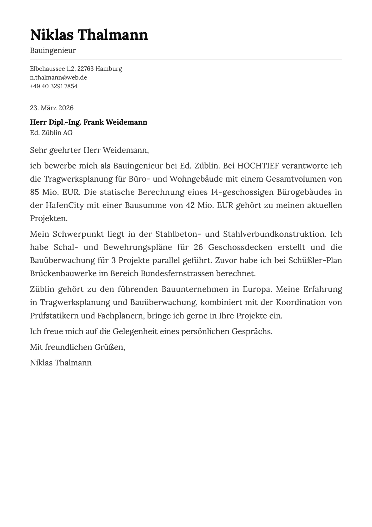 Bauingenieur cover letter example