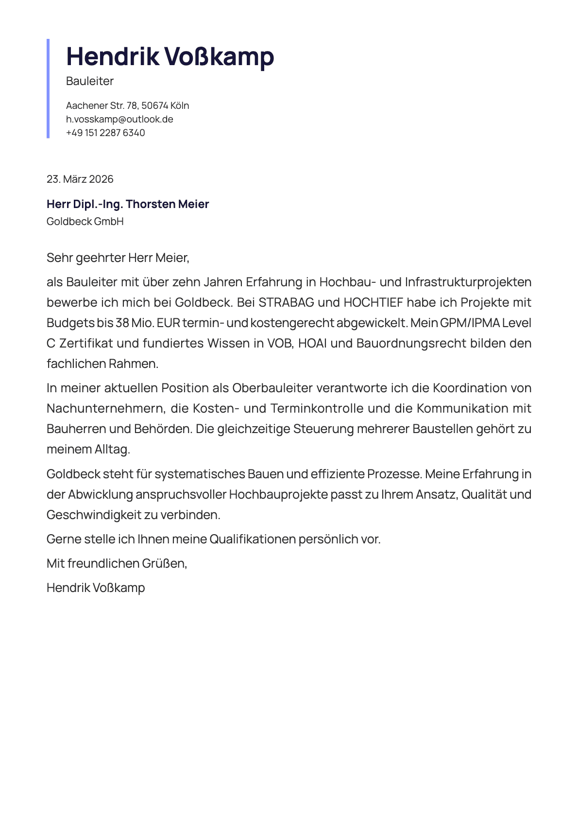 Bauleiter cover letter example