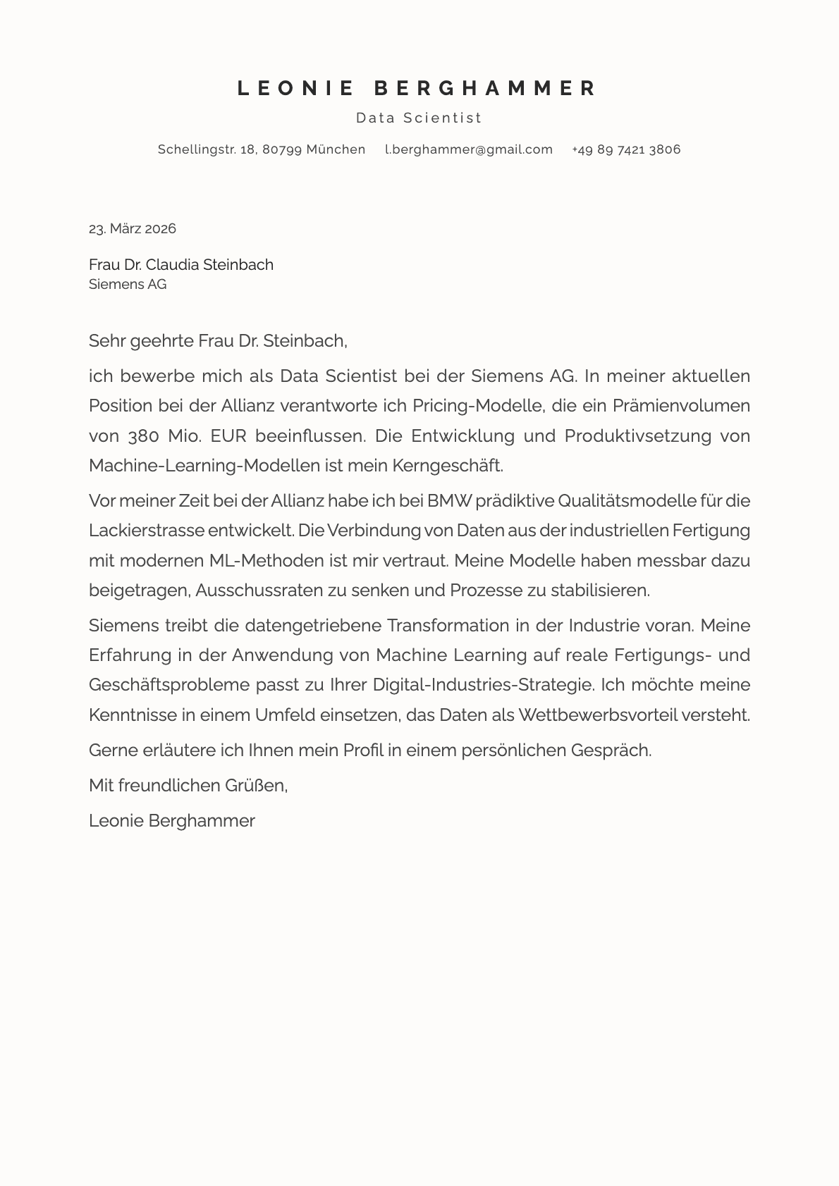 Data Scientist (Datenwissenschaftler) cover letter example