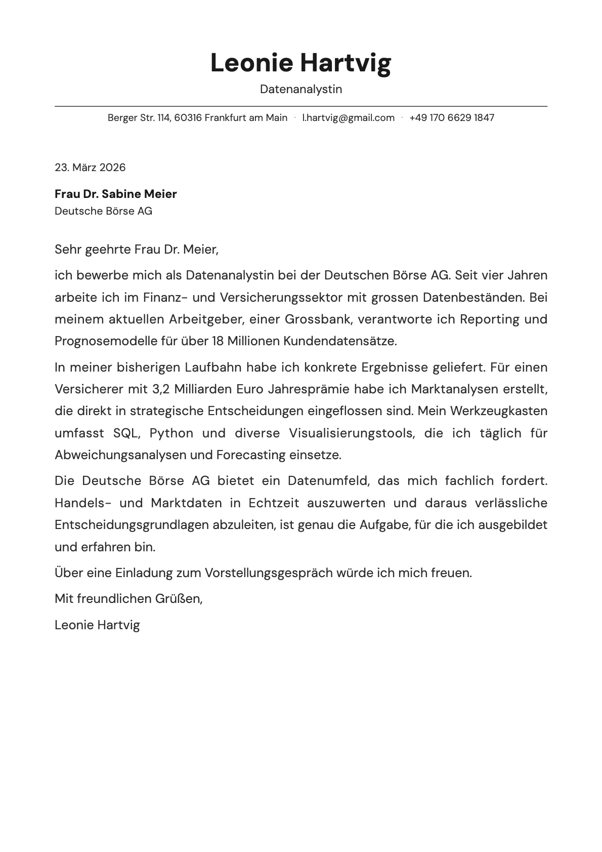 Datenanalyst cover letter example