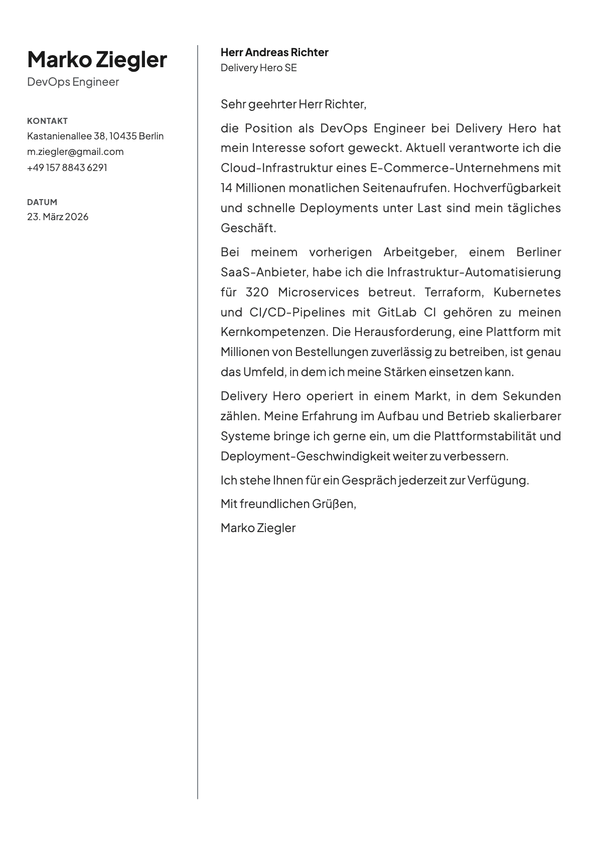 DevOps Engineer cover letter example