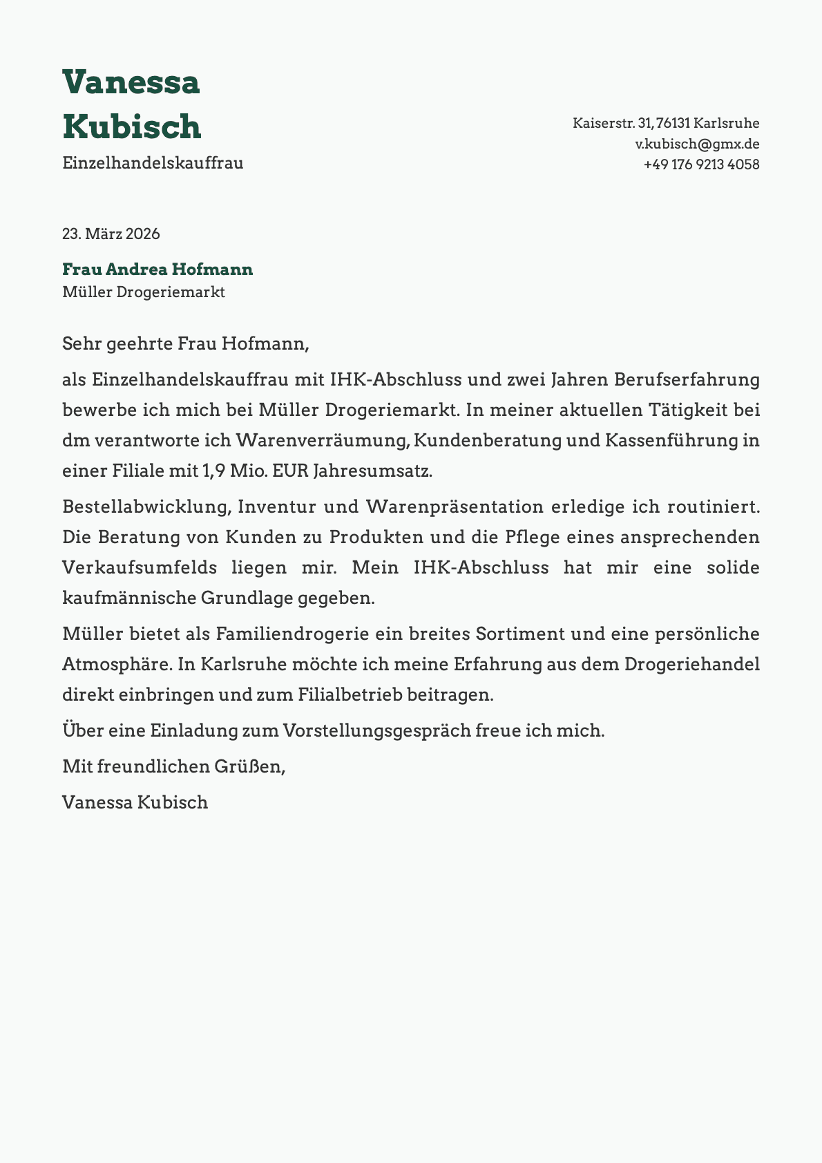 Einzelhandelskaufmann cover letter example