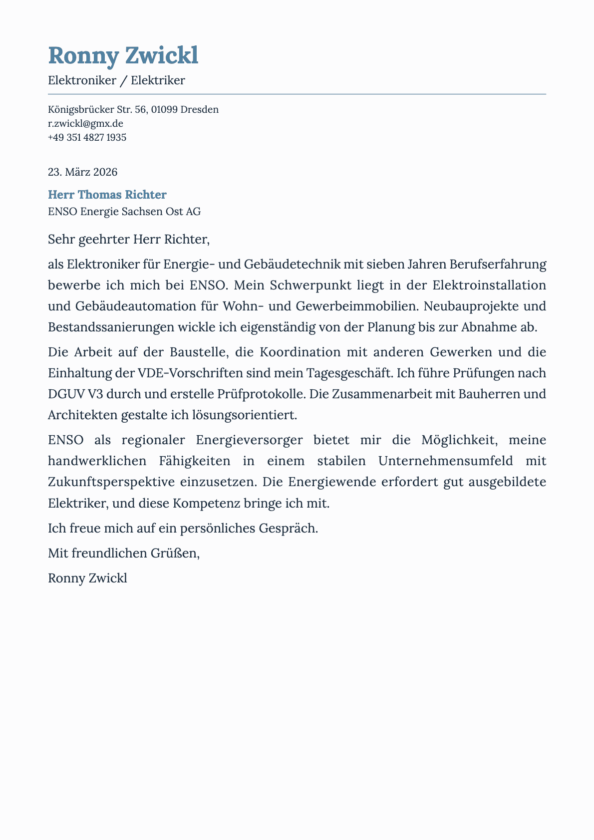 Elektroniker / Elektriker cover letter example