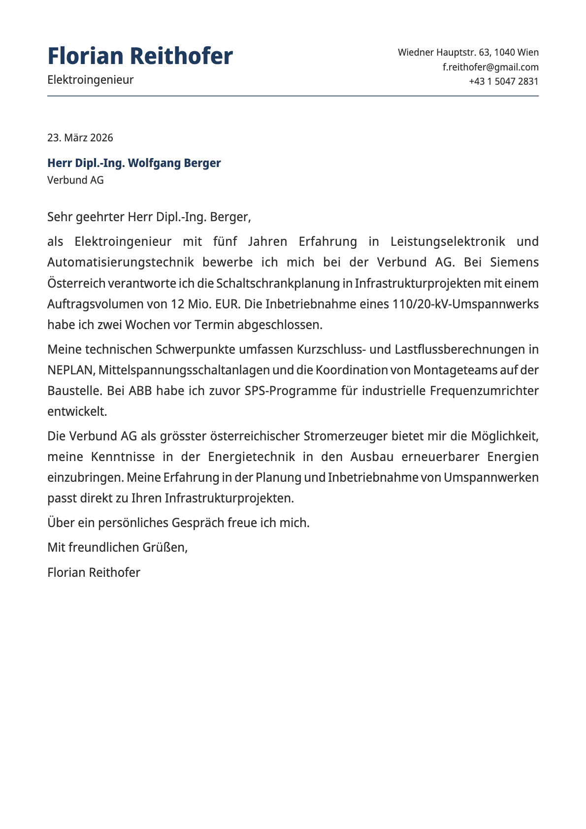 Elektroingenieur cover letter example