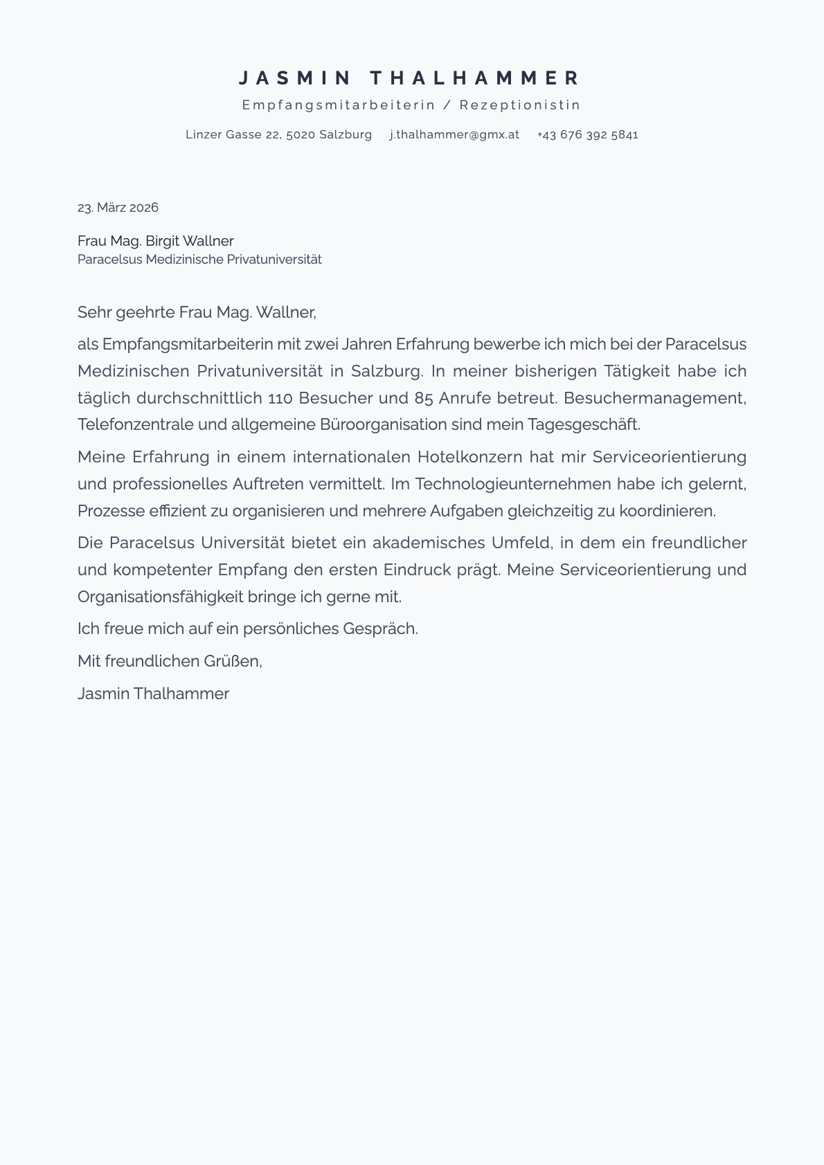 Empfangsmitarbeiter / Rezeptionist cover letter example