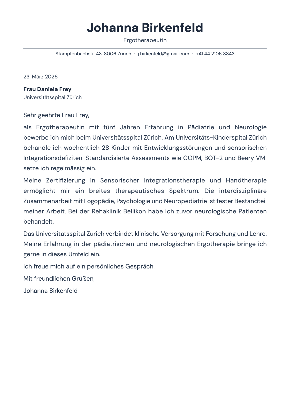 Ergotherapeut cover letter example