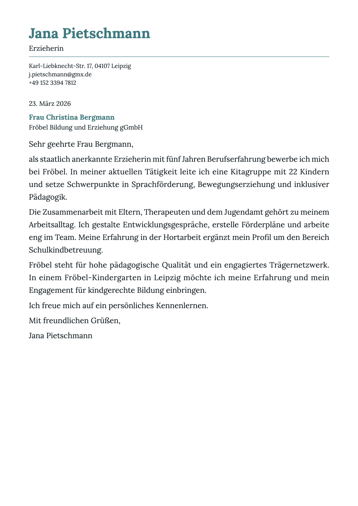 Erzieher cover letter example