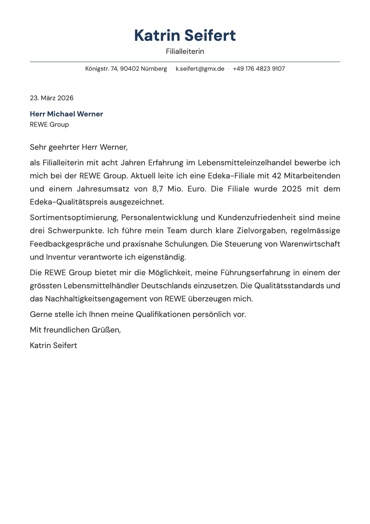 Filialleiter cover letter example