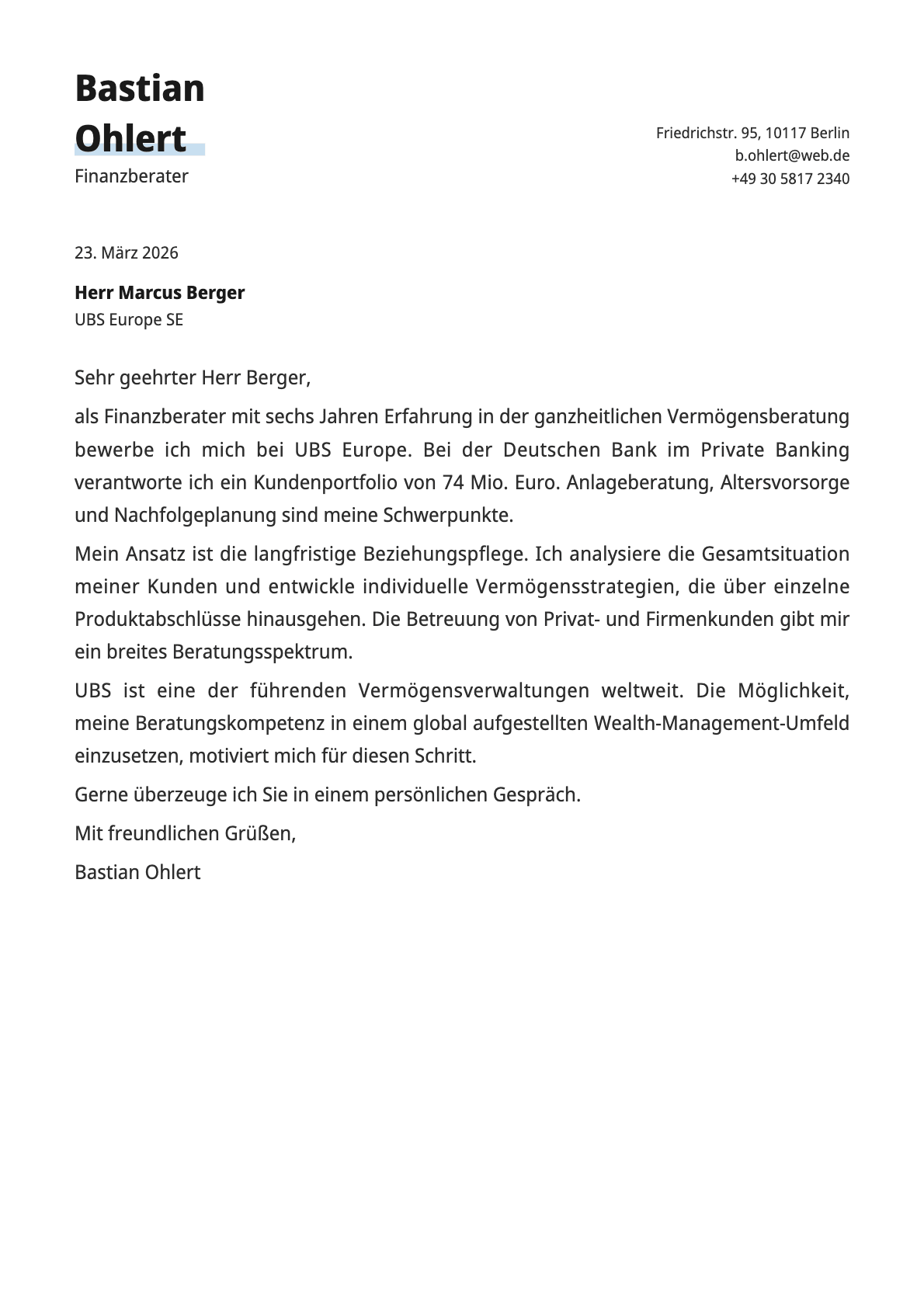 Finanzberater cover letter example