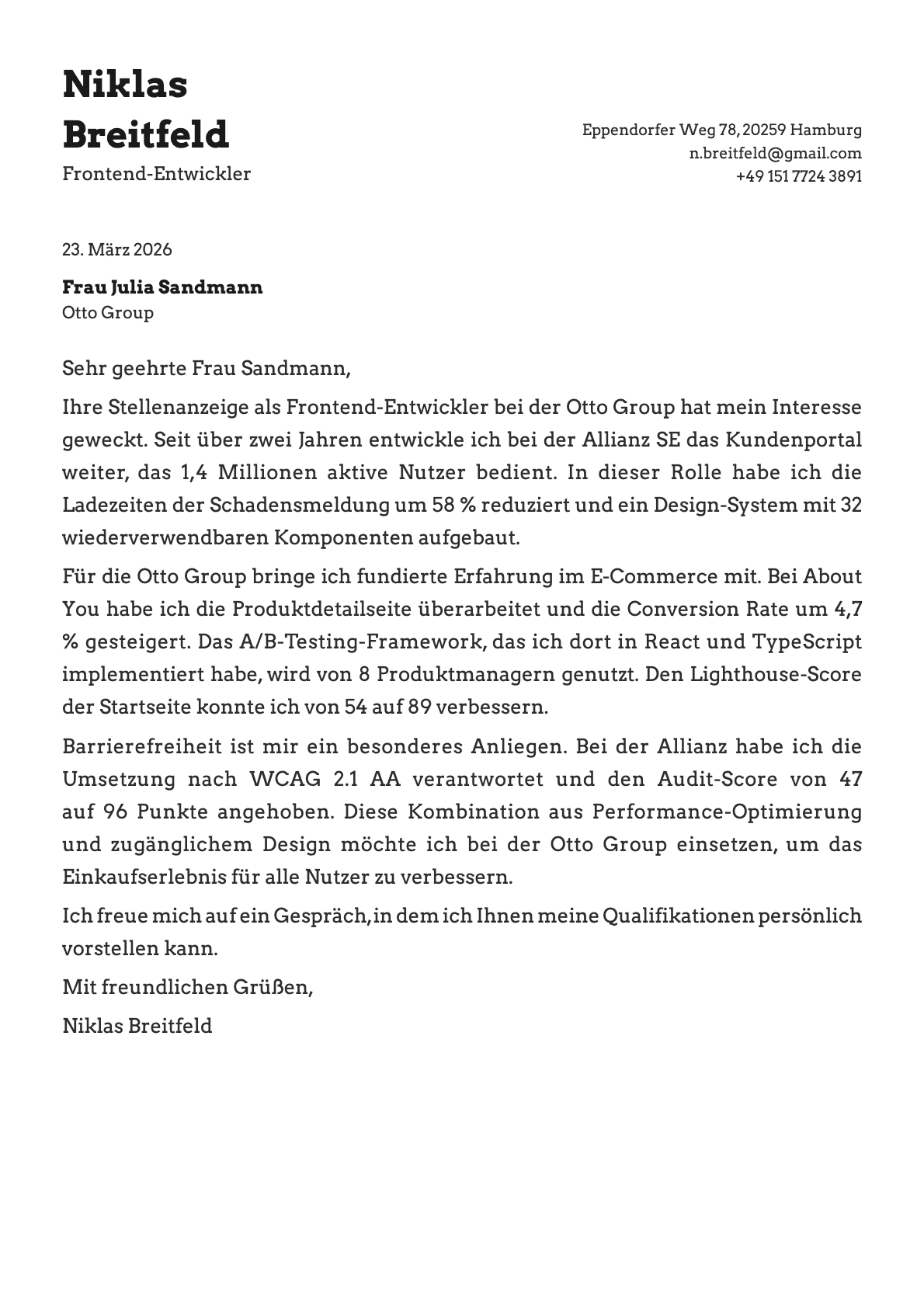 Frontend-Entwickler cover letter example