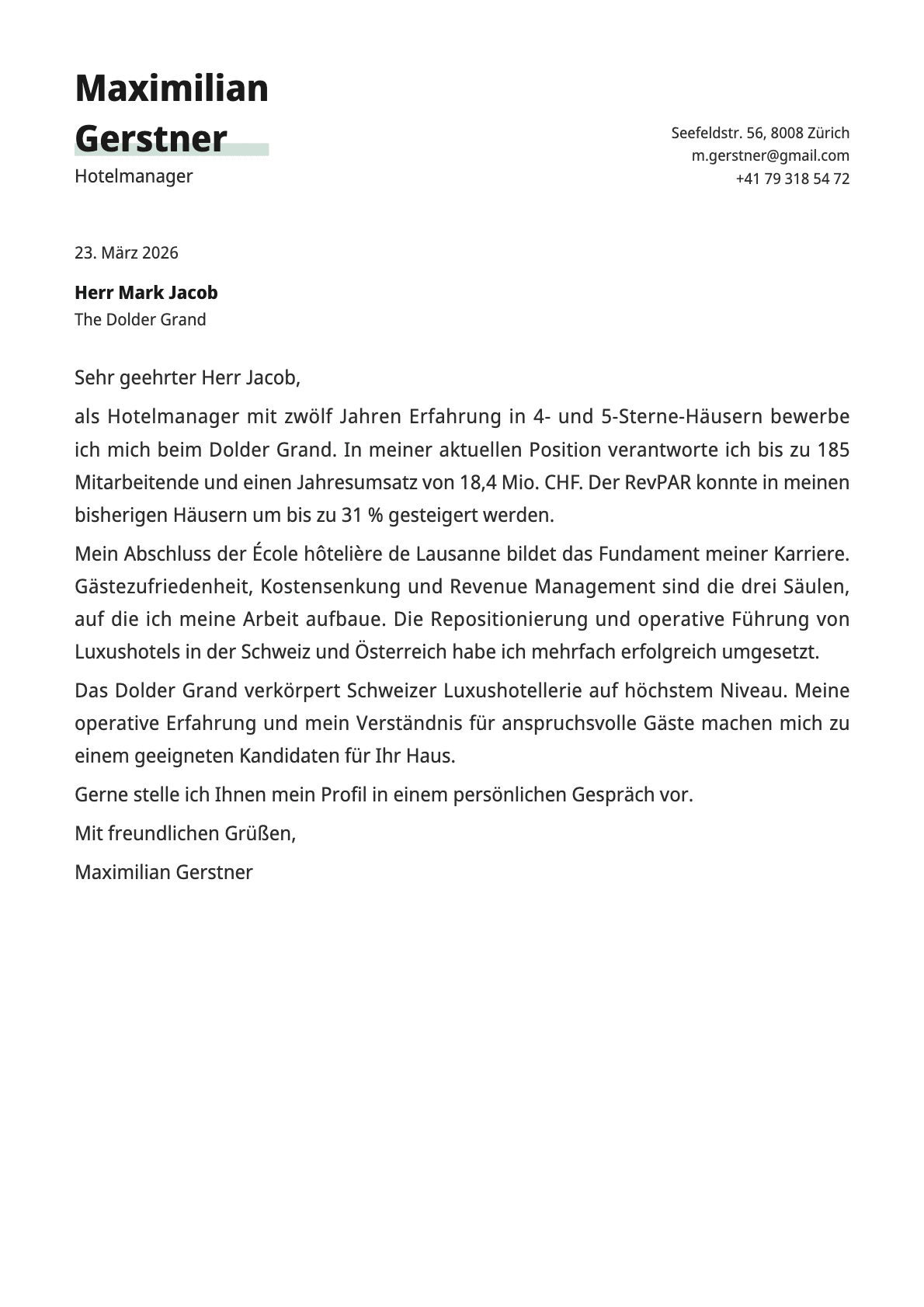 Hotelmanager / Hotelleiter cover letter example