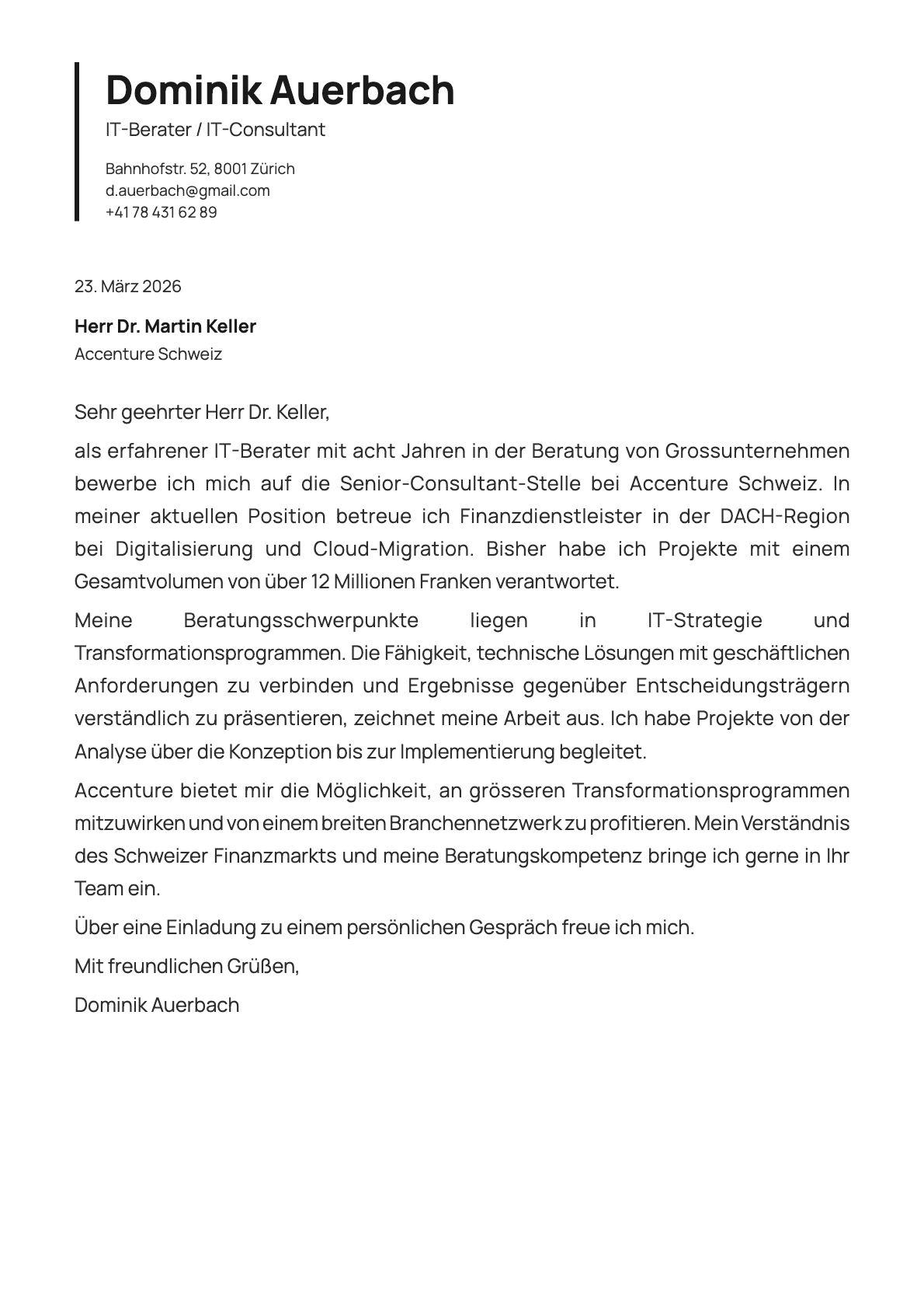 IT-Berater / IT-Consultant cover letter example