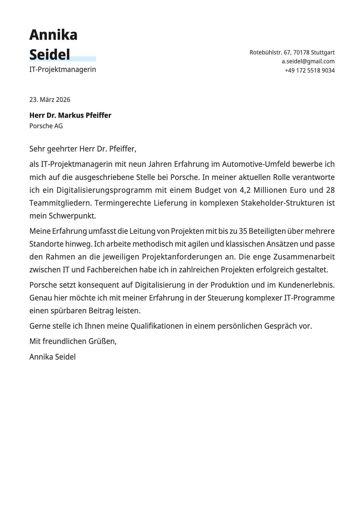 IT-Projektmanager cover letter example