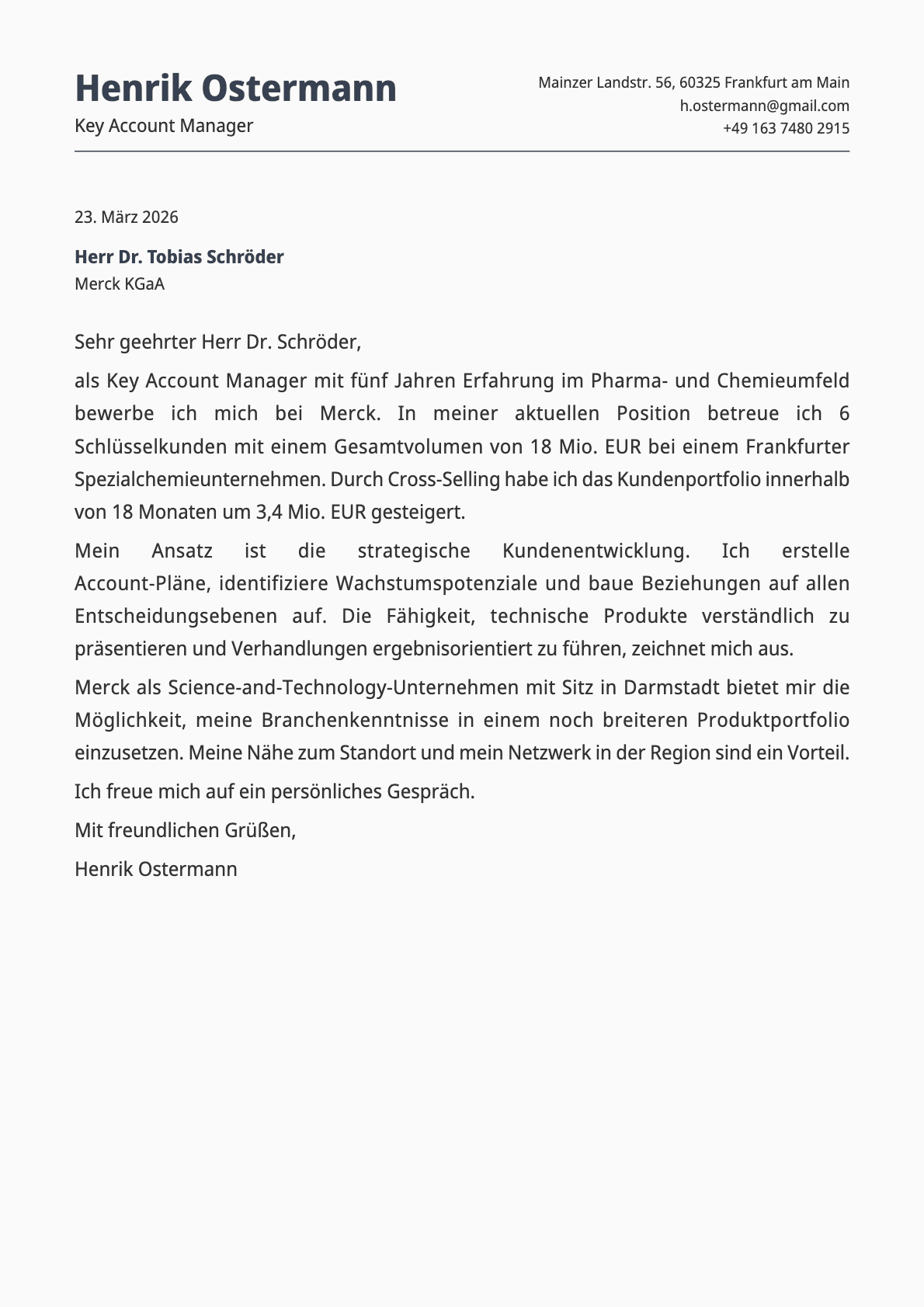 Key Account Manager cover letter example