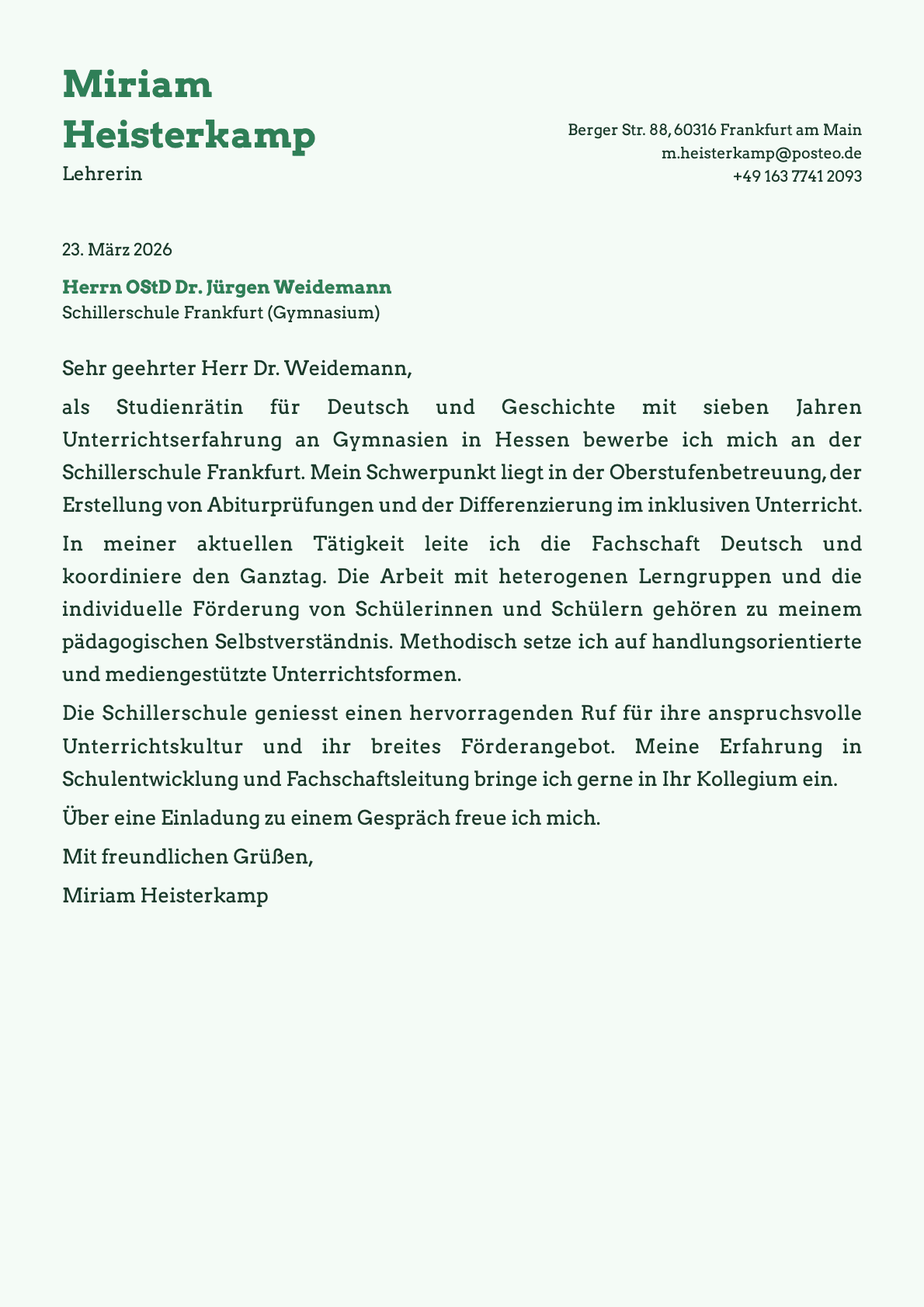 Lehrer cover letter example