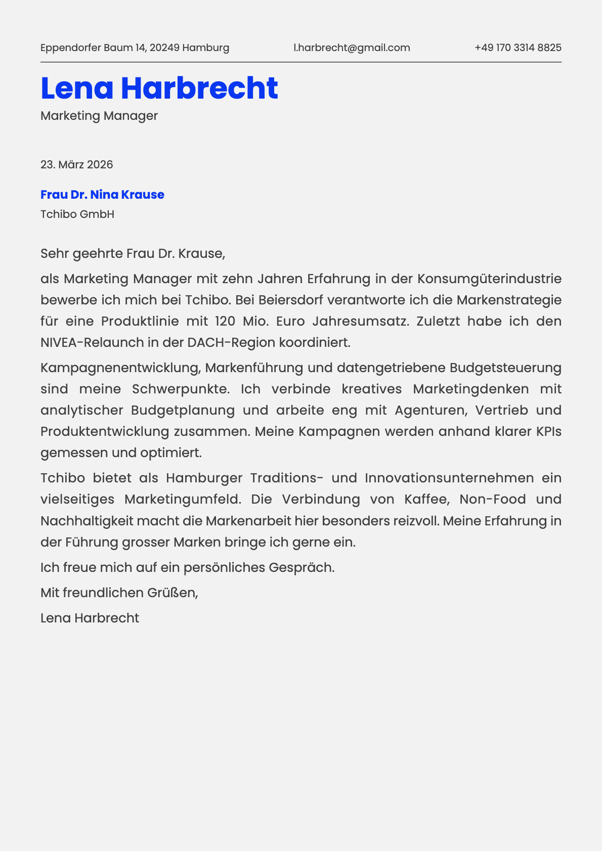 Marketing Manager cover letter example