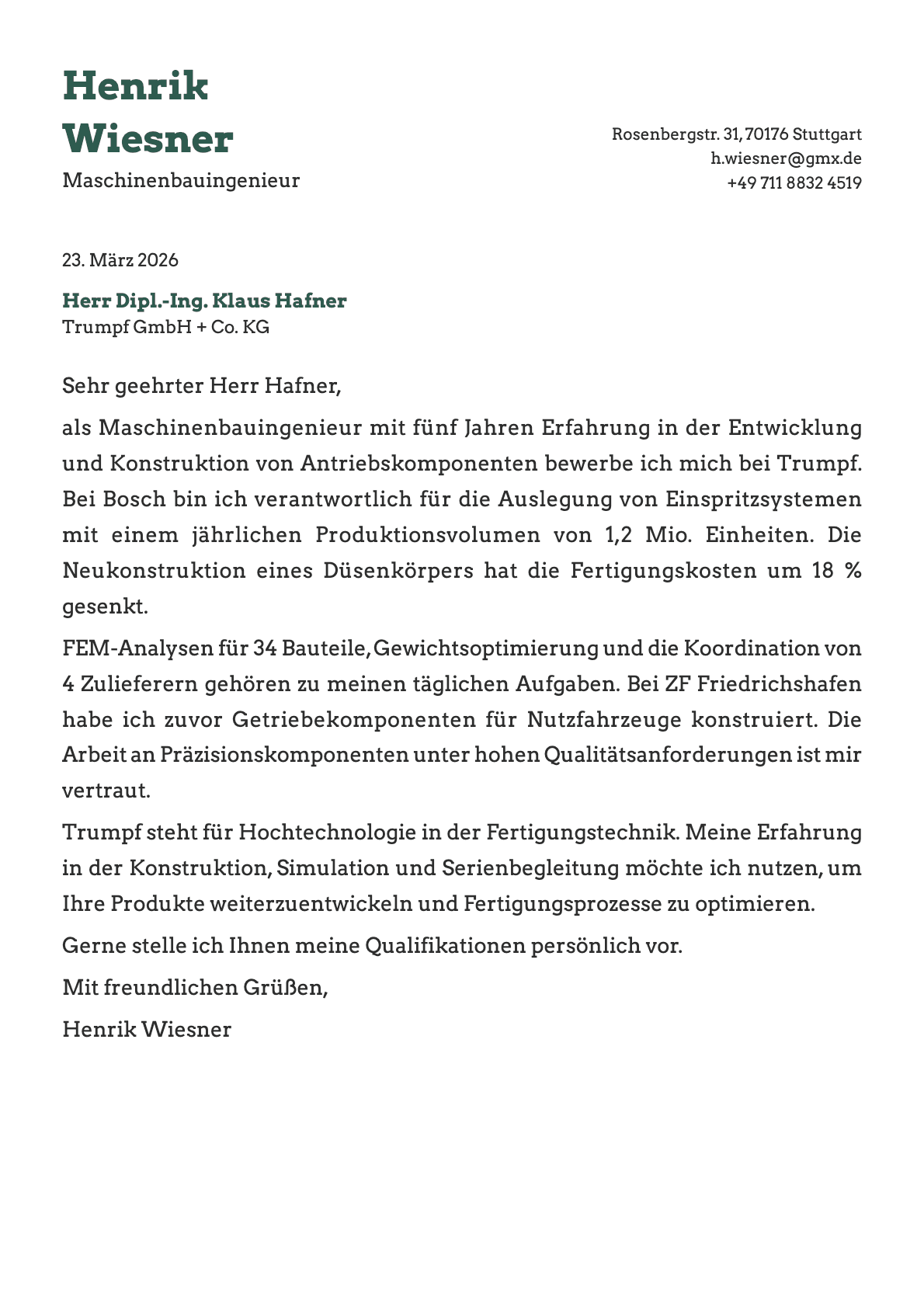 Maschinenbauingenieur cover letter example