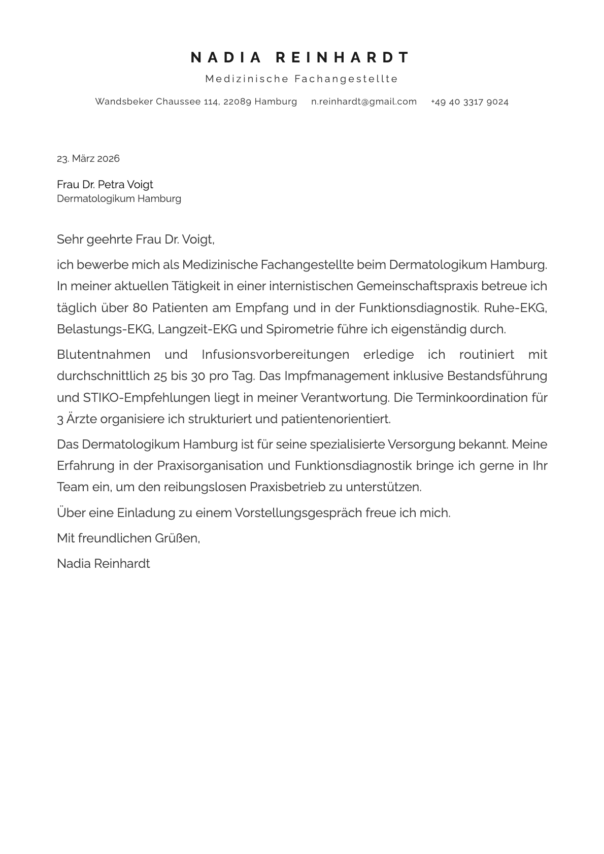 Medizinische Fachangestellte cover letter example
