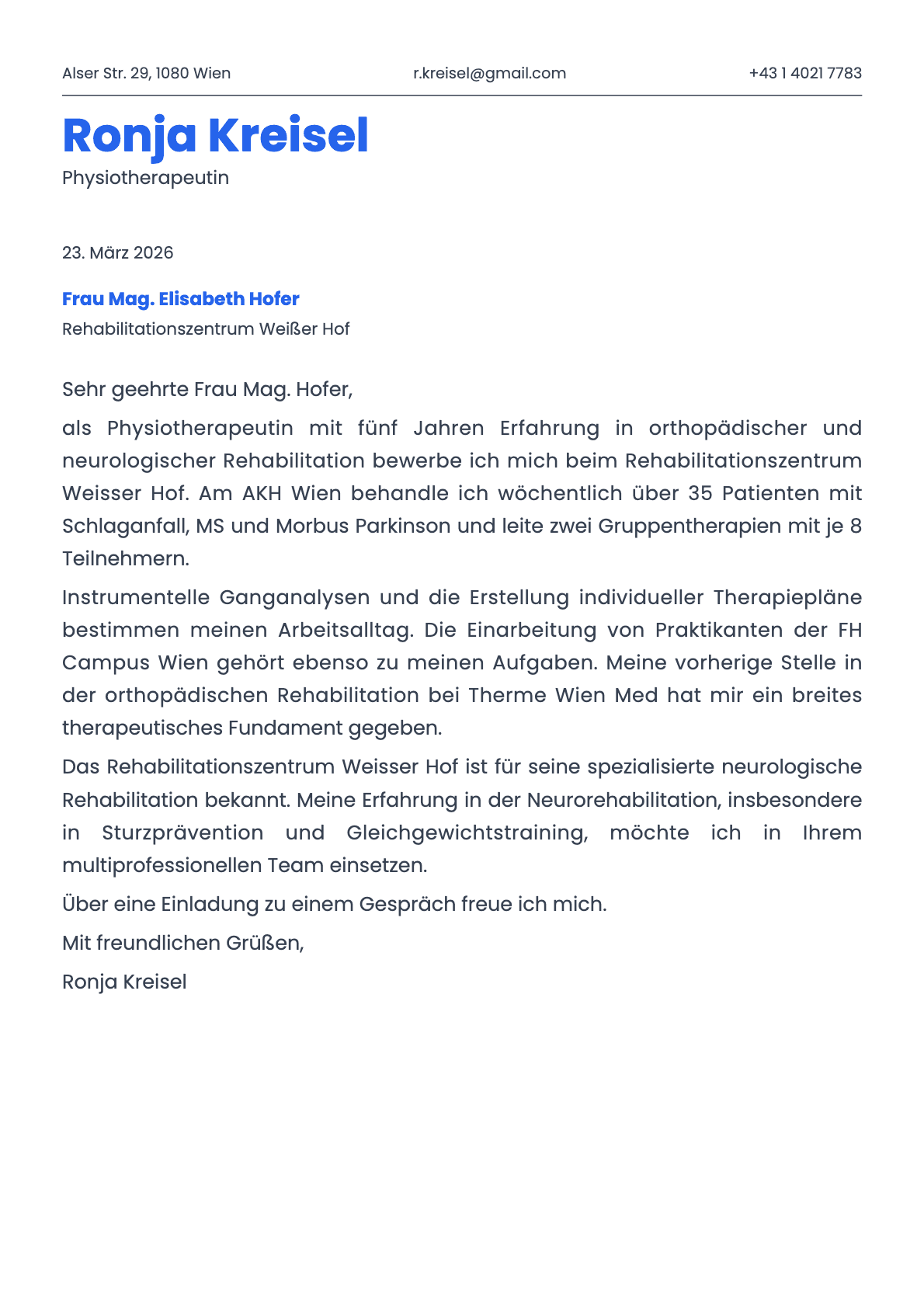 Physiotherapeut cover letter example