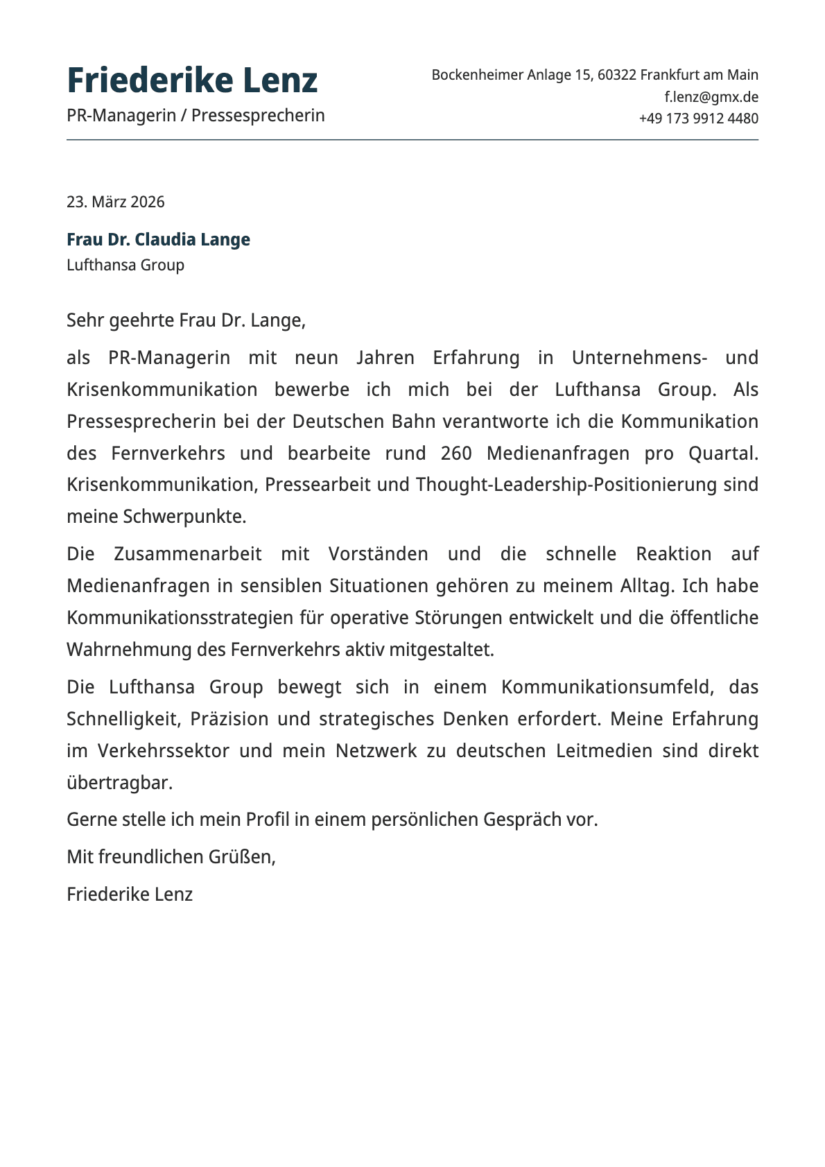 PR-Manager / Pressesprecher cover letter example