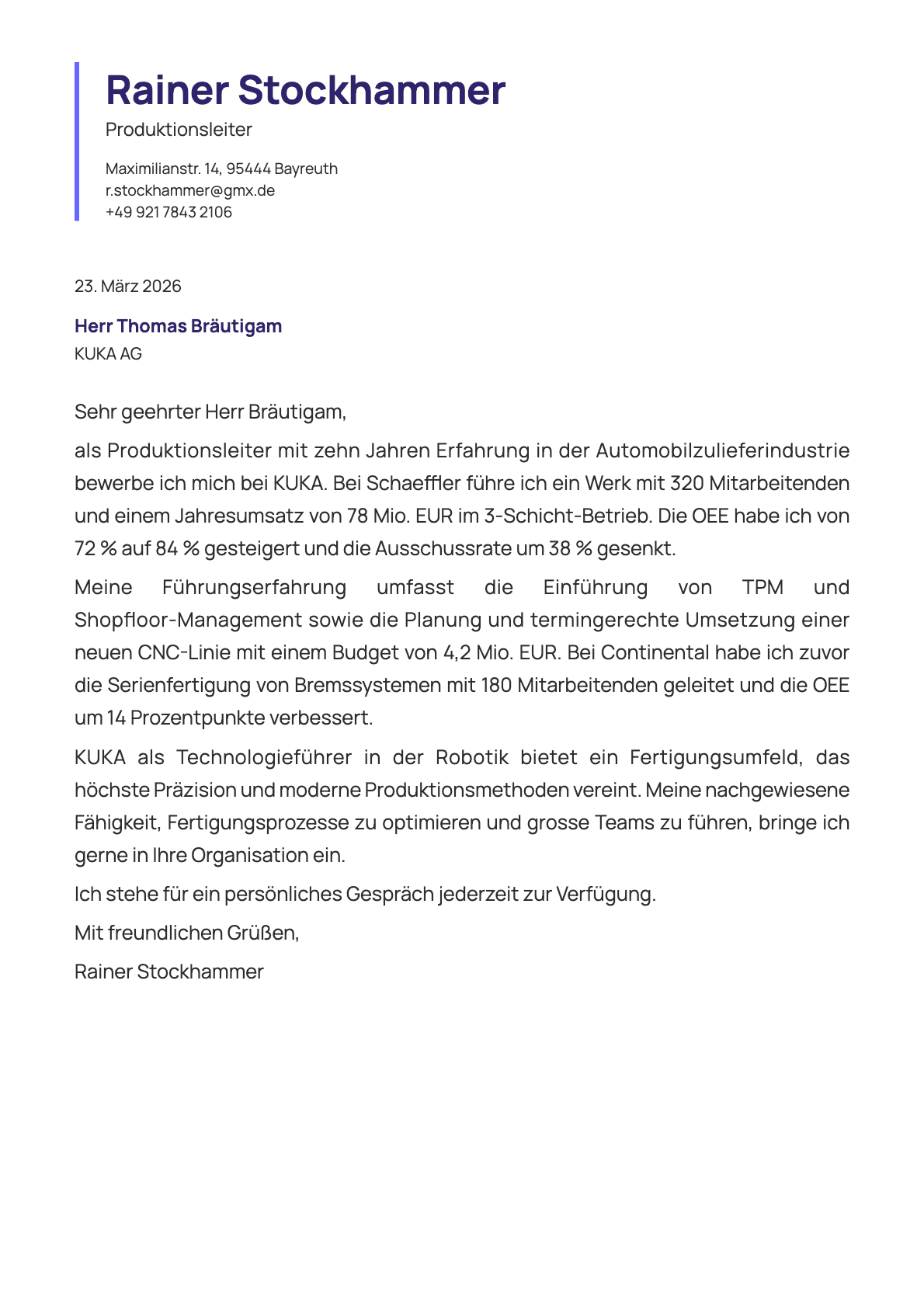 Produktionsleiter cover letter example