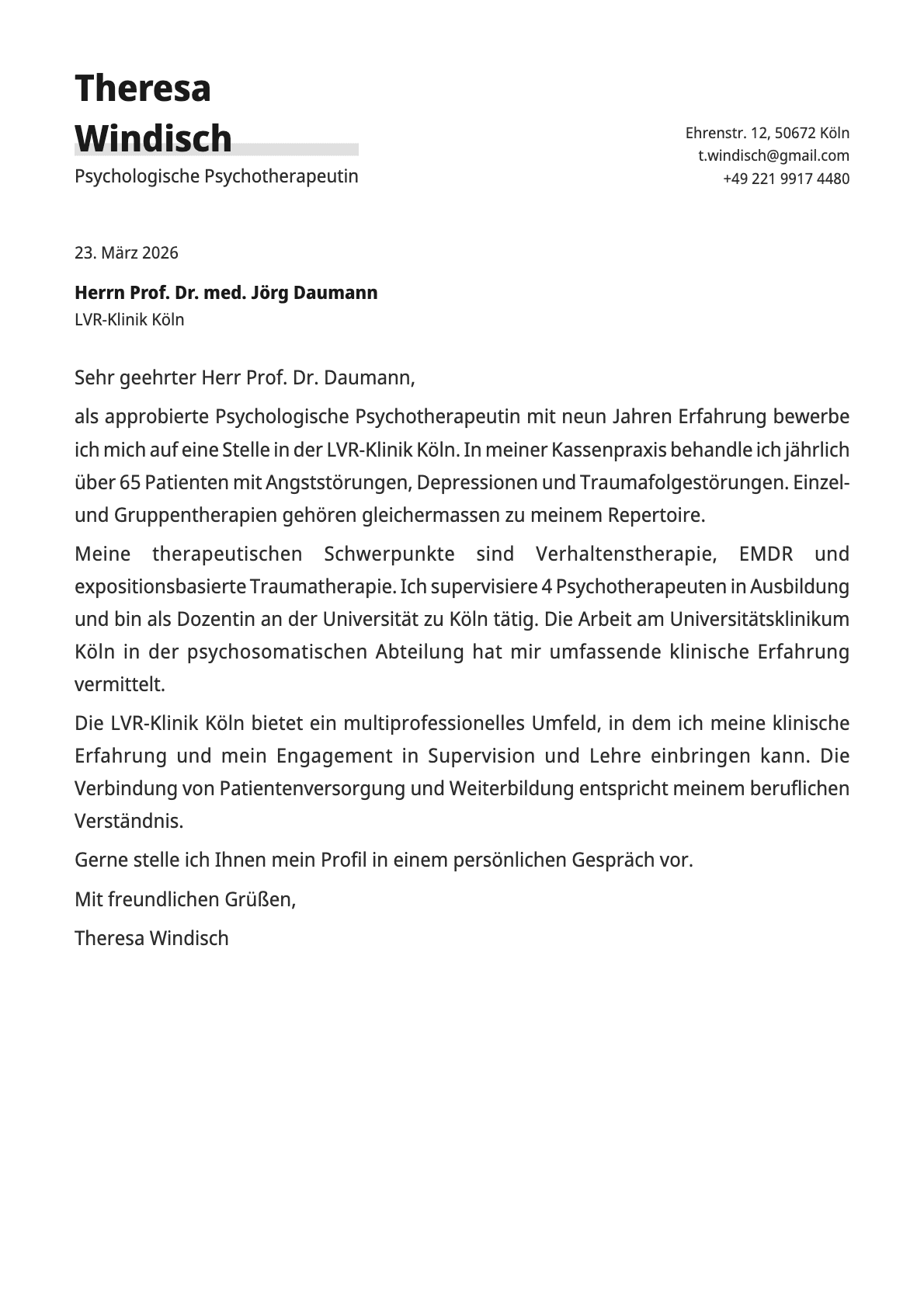 Psychologe cover letter example