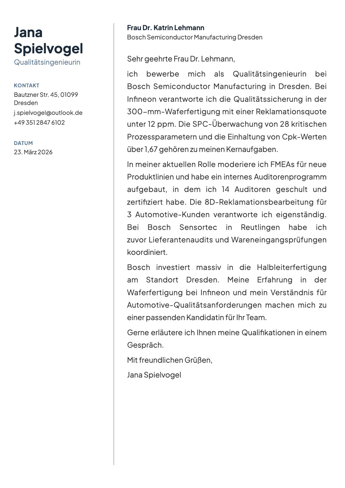 Qualitätsingenieur cover letter example
