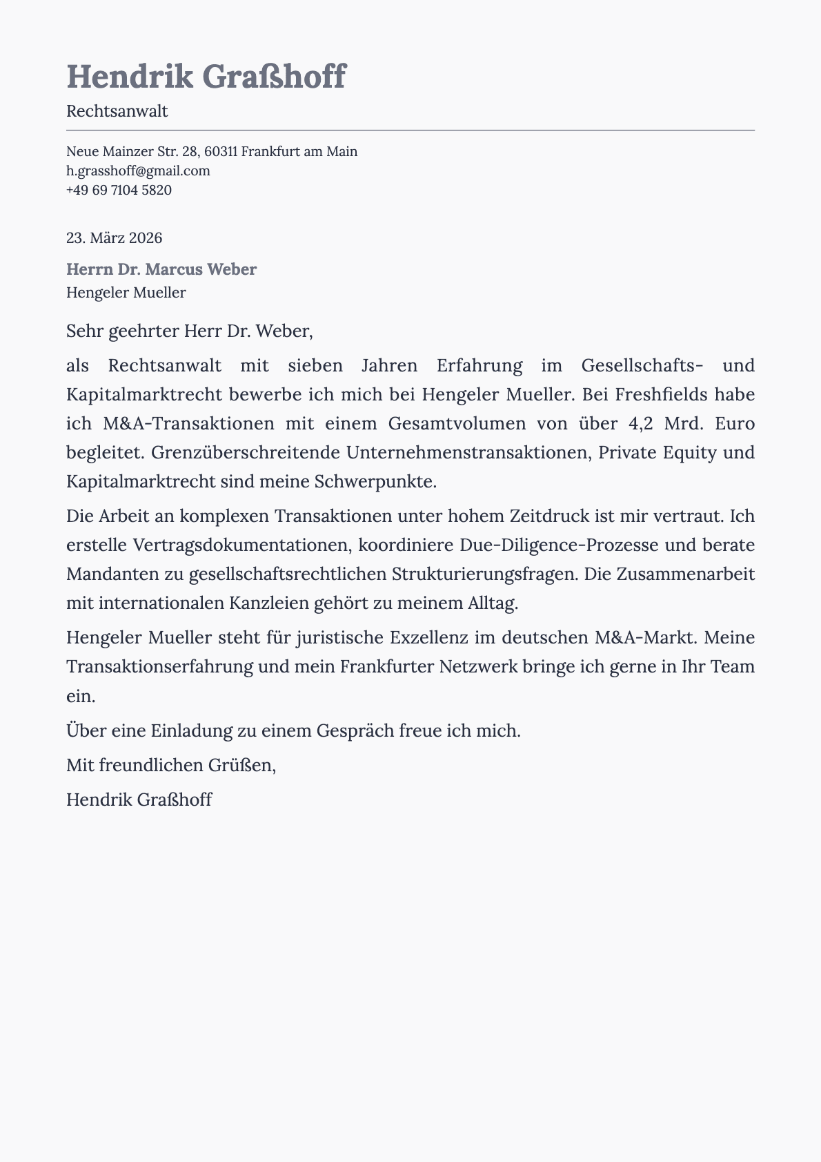 Rechtsanwalt cover letter example
