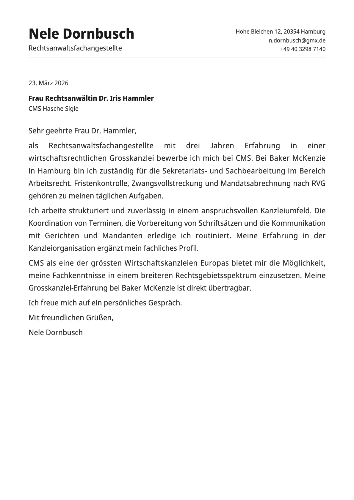 Rechtsanwaltsfachangestellte cover letter example