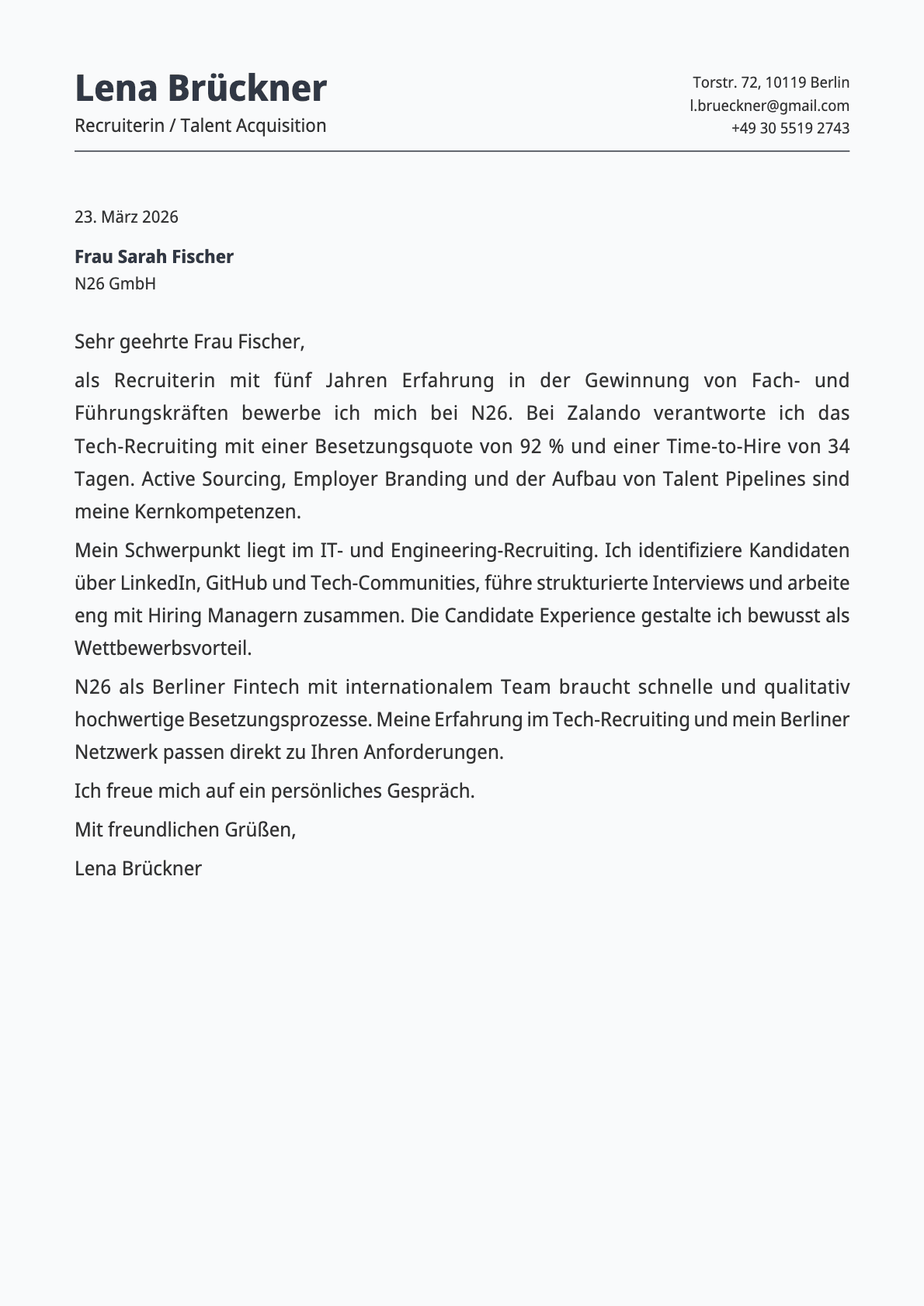 Recruiter / Talent Acquisition cover letter example